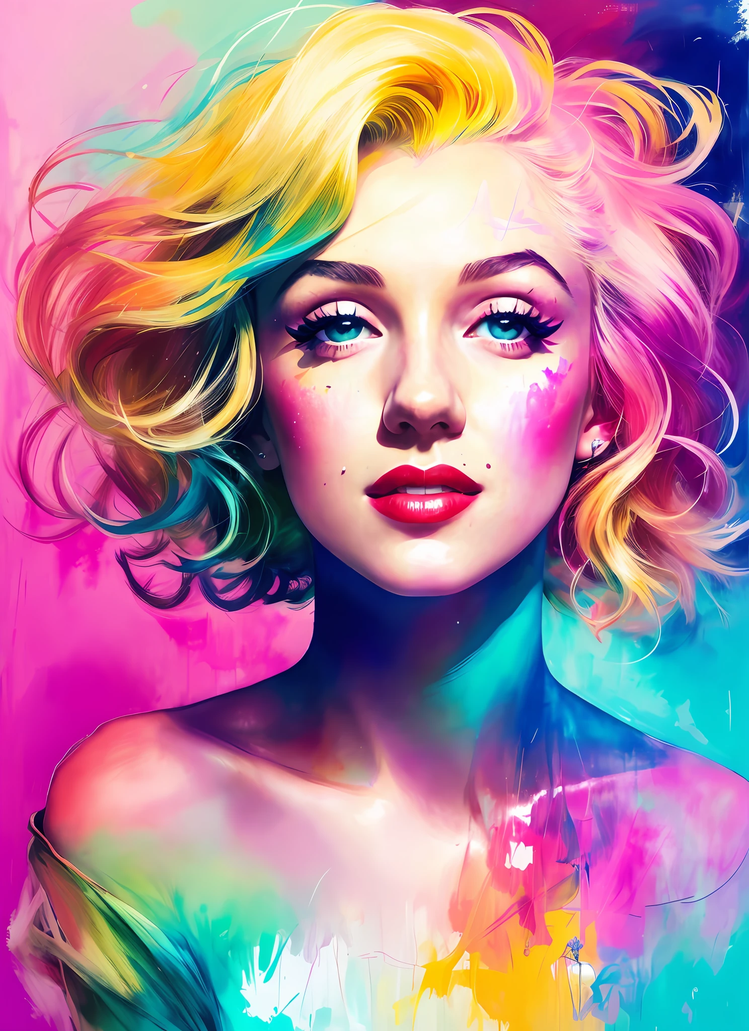 a painting by mse Marilyn Monroe by agnes cecile,1 girl, solo, luminous design, pastel colours, mute color,  ink drips, autumn lights, Create a digital art work in pop art style, featureing a vibrant and confident woman with bold makeup and colorfull fashion, cinematic color scheme, surrounded by abstract flower patterns, energtic brush strokes, the mood should be dynamic.