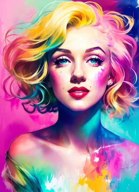 a painting by mse Marilyn Monroe by agnes cecile,1 girl, solo, luminous design, pastel colours, mute color,  ink drips, autumn lights, Create a digital art work in pop art style, featureing a vibrant and confident woman with bold makeup and colorfull fashi...