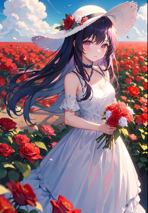 ((Masterpiece, Best quality)), 1girll, flower, Solo, dress, Holding, sky, Cloud, Hat, Outdoors, bangs, Bouquet, Rose, Expressionless, Blush, Purple hair, flower  field, Red flower, Pink eyes, White dress, view the viewer, medium haired, holding flower, Sma...