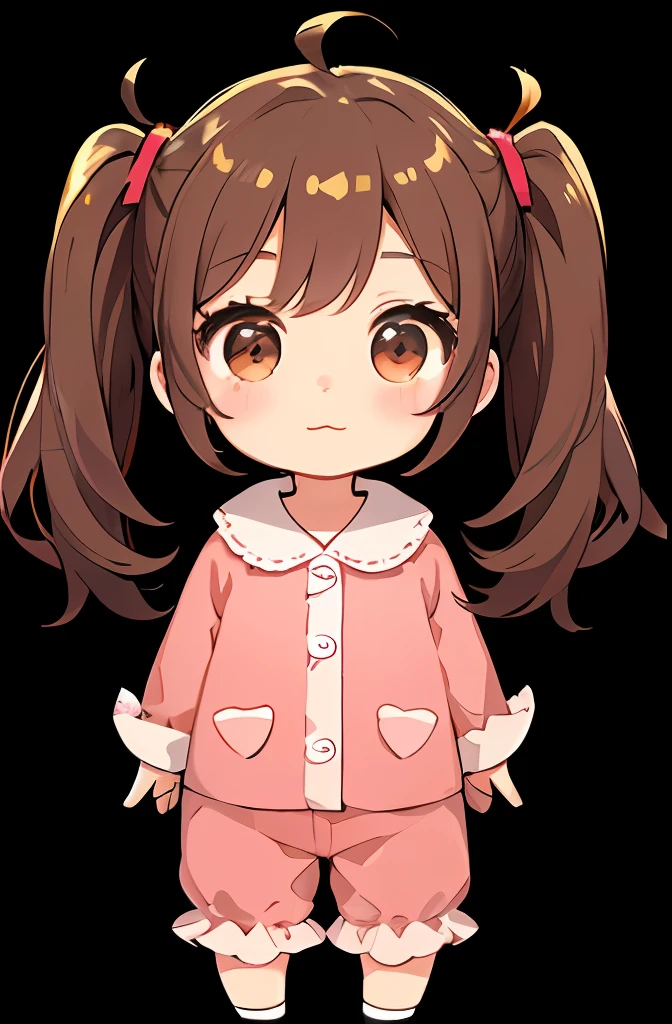 absurdres, one 3 years old girl, big head, brown eyes, twintails, medium hair, brown hair, wide-eyed, eyelashes, looking at viewer, twitchemote, full body, white background, wearing pajamas, chibi, emote, facing viewer, (:3:1.0), blush