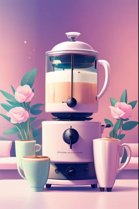 Close to coffee in an elegant cup,  cappuccino, milk, Flowers, morning, Coffee table,higly detailed,  Octane Render, Studio,  ca...