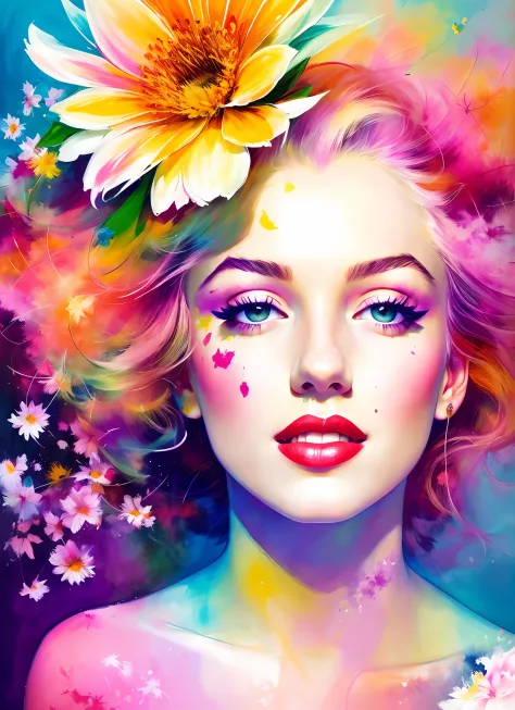 a painting by mse Marilyn Monroe by agnes cecile,1 girl, solo,face among the flowers, luminous design, pastel colours, mute color,  ink drips, autumn lights, Create a digital art work in pop art style, featureing a vibrant and confident woman with bold mak...