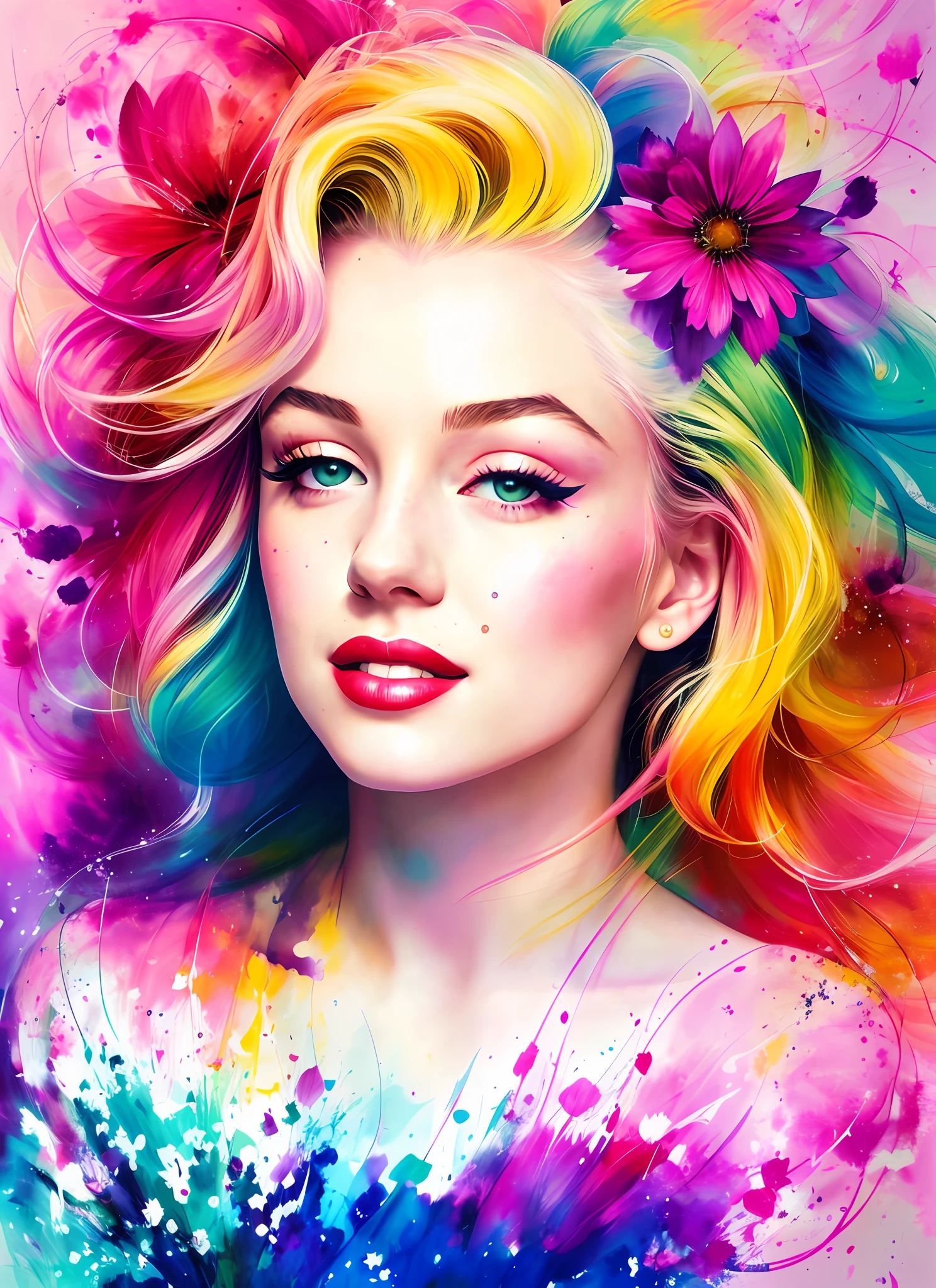 a painting by mse Marilyn Monroe by agnes cecile,1 girl, solo,face among the flowers, luminous design, pastel colours, mute color,  ink drips, autumn lights, Create a digital art work in pop art style, featureing a vibrant and confident woman with bold makeup and colorfull fashion, cover with flowers on hair, cinematic color scheme, surrounded by abstract flower patterns,flowers backgroung, energtic brush strokes, the mood should be dynamic.