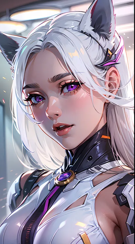 ((Masterpiece)), best quality, absurderes, ultra detailed, holographic, cowboy shot, dynamic pose, golden ratio, super cute girl, mature girl, extremely beautiful, super beautiful Asian girl with super beautiful violet eyes, super beautiful white hair, shi...