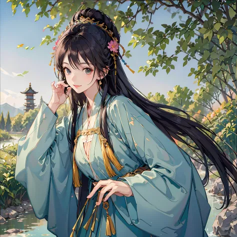 (Masterpiece), best quality, good anatomy, ink bissim, behind arms, (1 girl: 1), (upper body), (smile), short hair, (hanfu), (Edgey 0.5), (trees: 0.5), (flowers: 0.6), (wooden house: 0.2), (bamboo forest: 0.2), (stream: 0.2), (river: 0.2), --auto