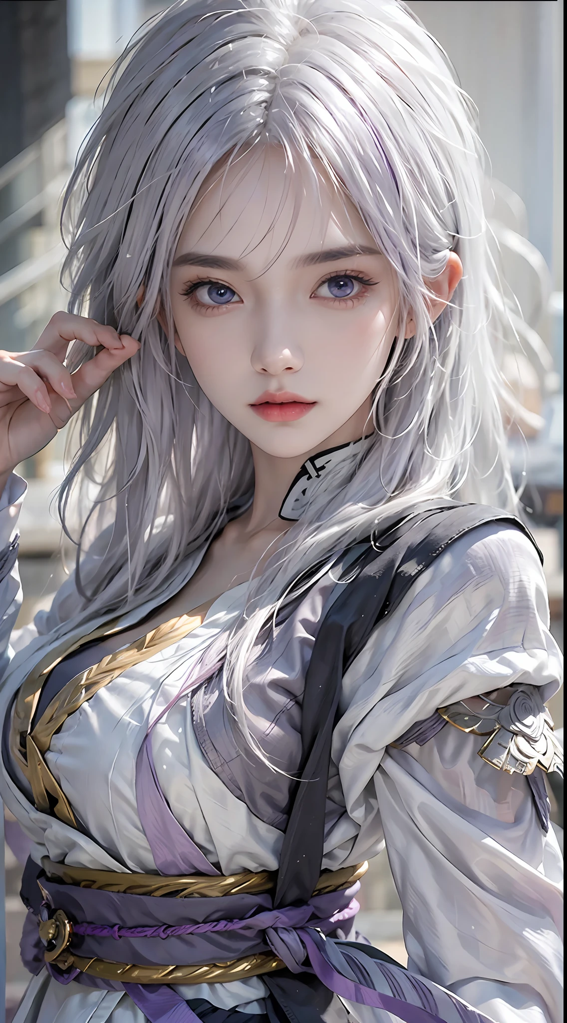 photorealistic, high resolution, 1 girl, white purple hair, beautiful eyes, normal breast, raiden shogun costume