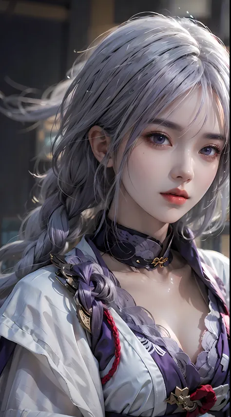 photorealistic, high resolution, 1 girl, white purple hair, beautiful eyes, normal breast, raiden shogun costume