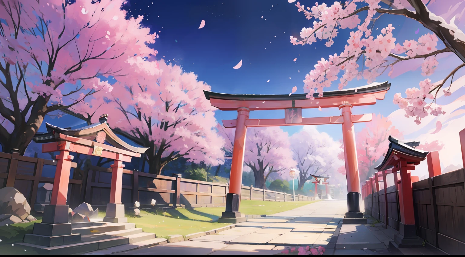 One girl、​masterpiece、Top image quality、top-quality、suspicious、Yoshi、ghost、in isekai、（（（natta）））、cherry trees、Sakura blizzard、Lots of torii gates、stone pavement、（（（Purple Sky）））、mask、shrine maiden、paper lanterns、ghosts