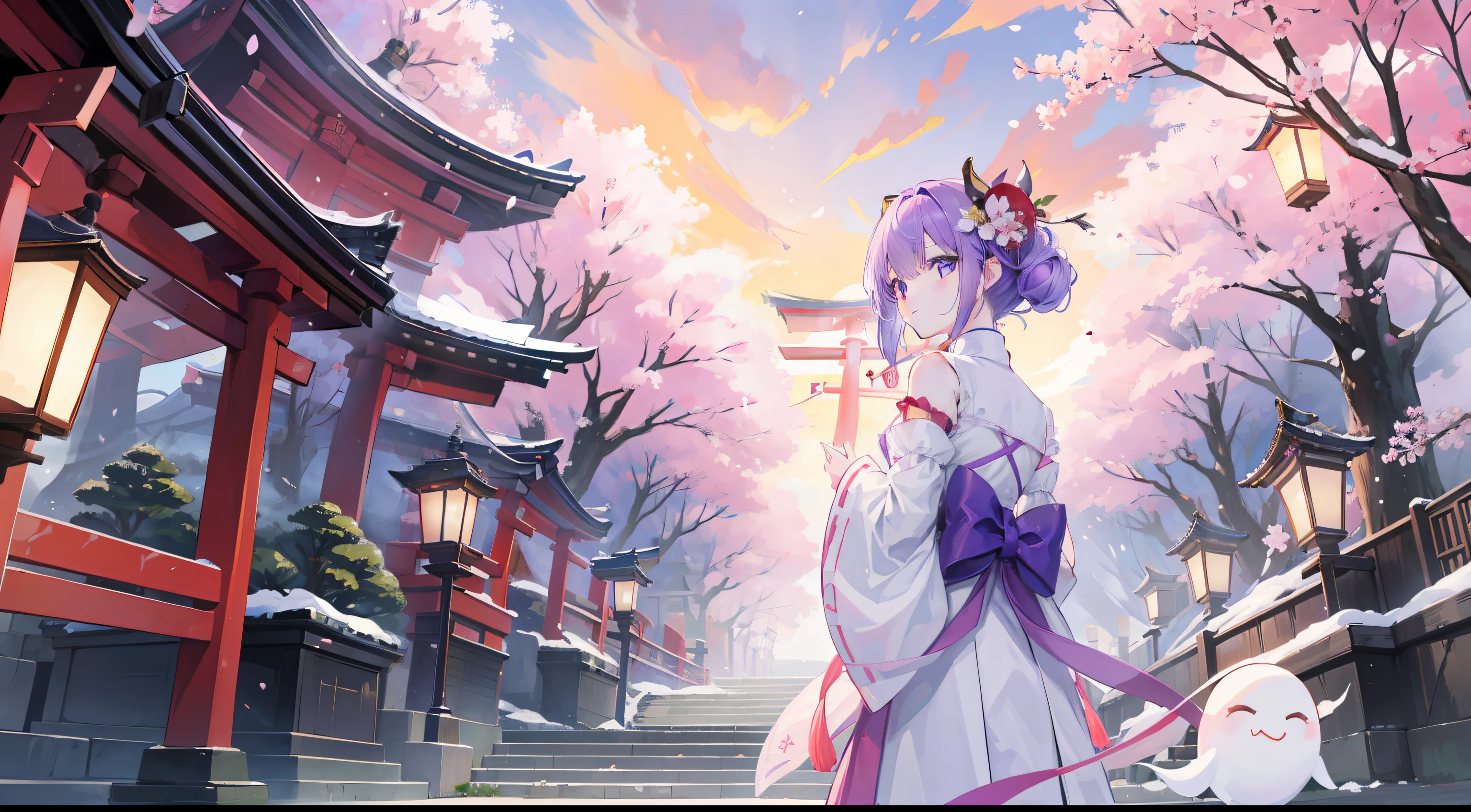 One girl、​masterpiece、Top image quality、top-quality、suspicious、Yoshi、ghost、in isekai、（（（natta）））、cherry trees、Sakura blizzard、Lots of torii gates、stone pavement、（（（Purple Sky）））、mask、shrine maiden、paper lanterns、ghosts