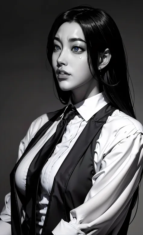 Close-up of a girl in a suit and tie, androgynous vampire, junji ito 4 k, with long dark hair, ito junji art, style of junji ito...