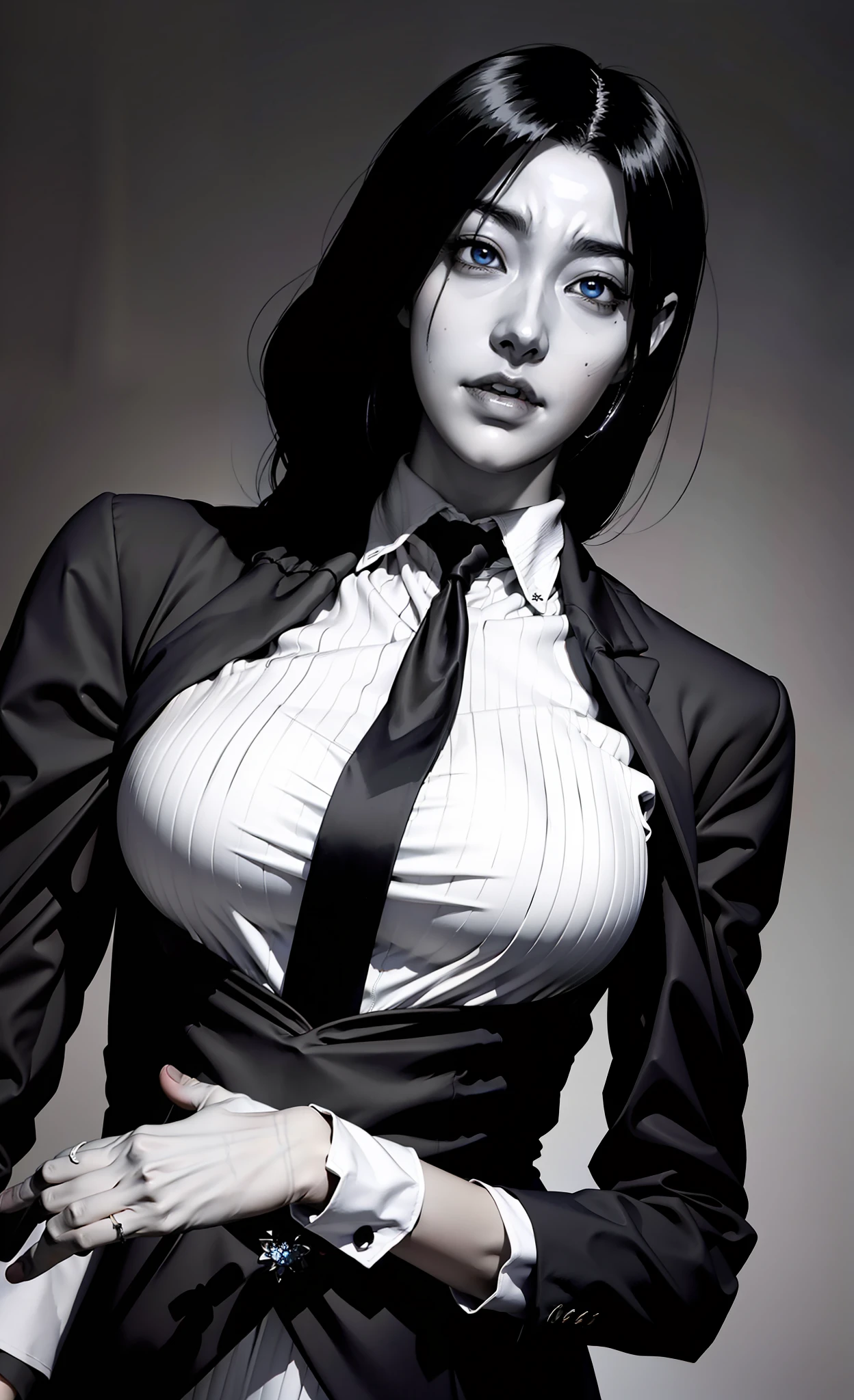 Primer plano de una chica con traje y corbata, vampiro andrógino, Junji Ito 4K, con el pelo largo y oscuro, este arte junji, es el estilo de junji, traje oscuro, retrato de sadako del ring, Hermosa princesa andrógina, Dulce princesa andrógina, con su largo cabello negro, chica de traje, (Preciosos Pechos Medianos), anatomía perfecta, (Combinación de colores sombríos:1.5), (cuerpo delgado)