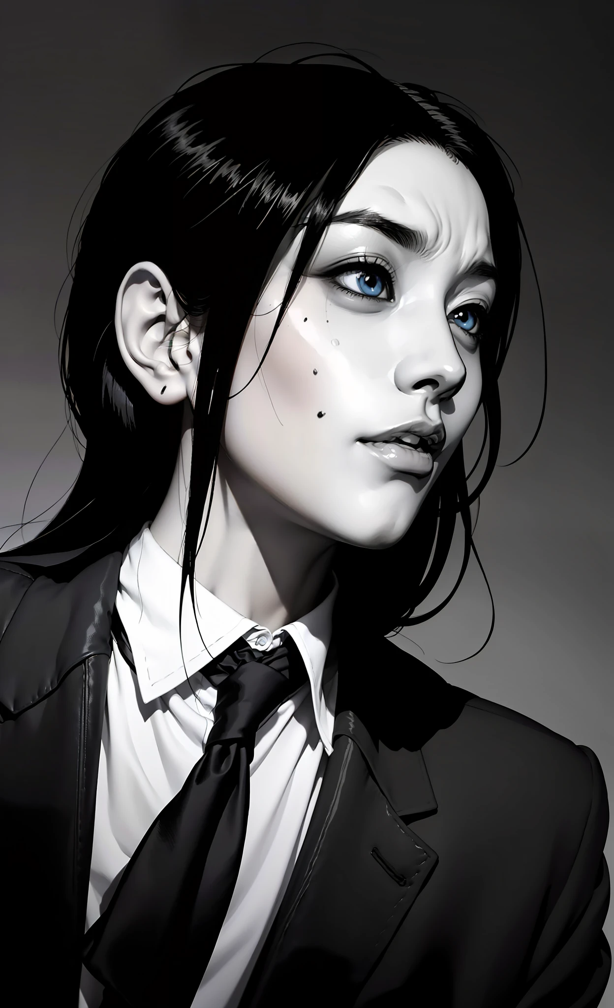 Close-up of a girl in a suit and tie, androgynous vampire, junji ito 4 k, with long dark hair, ito junji art, style of junji ito, Dark Costume, portrait of sadako of the ring, Beautiful androgynous princess, Gentle androgynous princess, with her long black hair, girl in suit, (Lovely Medium Breasts), perfect anatomy, (Gloomy color scheme:1.5), (skinny body)