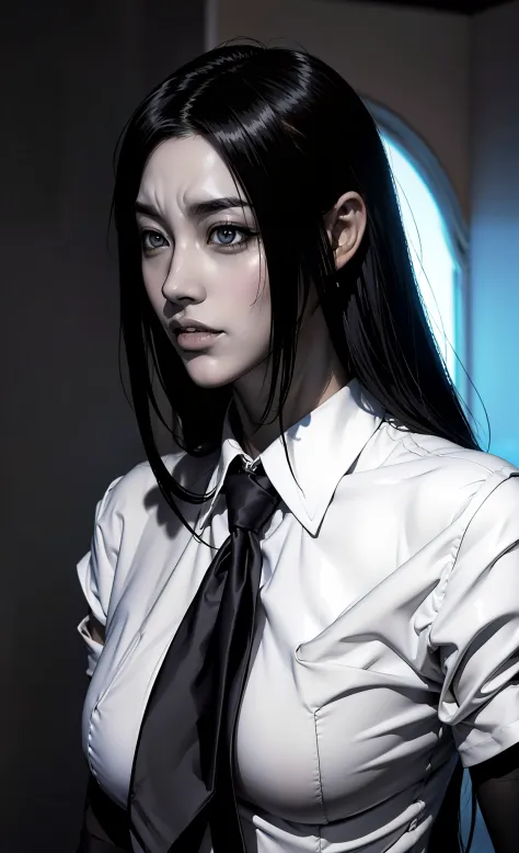 Close-up of a girl in a suit and tie, androgynous vampire, junji ito 4 k, with long dark hair, ito junji art, style of junji ito...