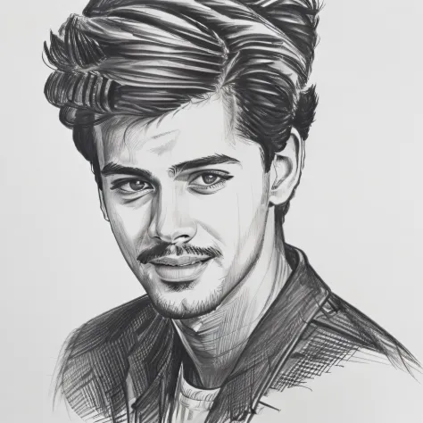 A compelling greyscale pencil drawing portraying a confident teenage male with facial hair, exuding elegance and charm, showcase...