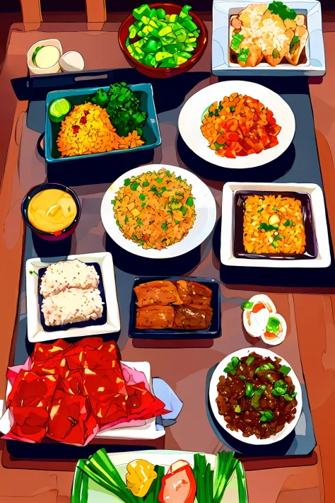 A very rich set of dishes, including assorted fried rice, crab, burritos, roast duck, roast squab, spicy soup pot, green vegetables, green onions, delicious, colorful dishes,