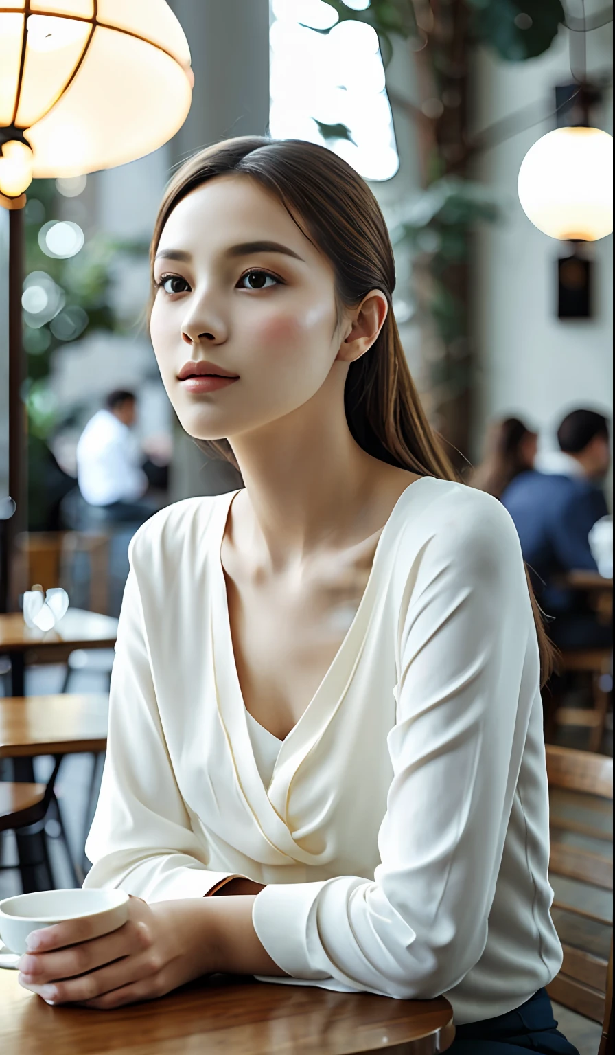 Frontal photo，Beautiful model sitting in a café，Elegant and dignified atmosphere，Bright shades，Mellow Atmosphere，Warm and comfortable atmosphere，telephoto lenses，softlighting，positive，GAN technology，Unity engine，4K Ultra HD。