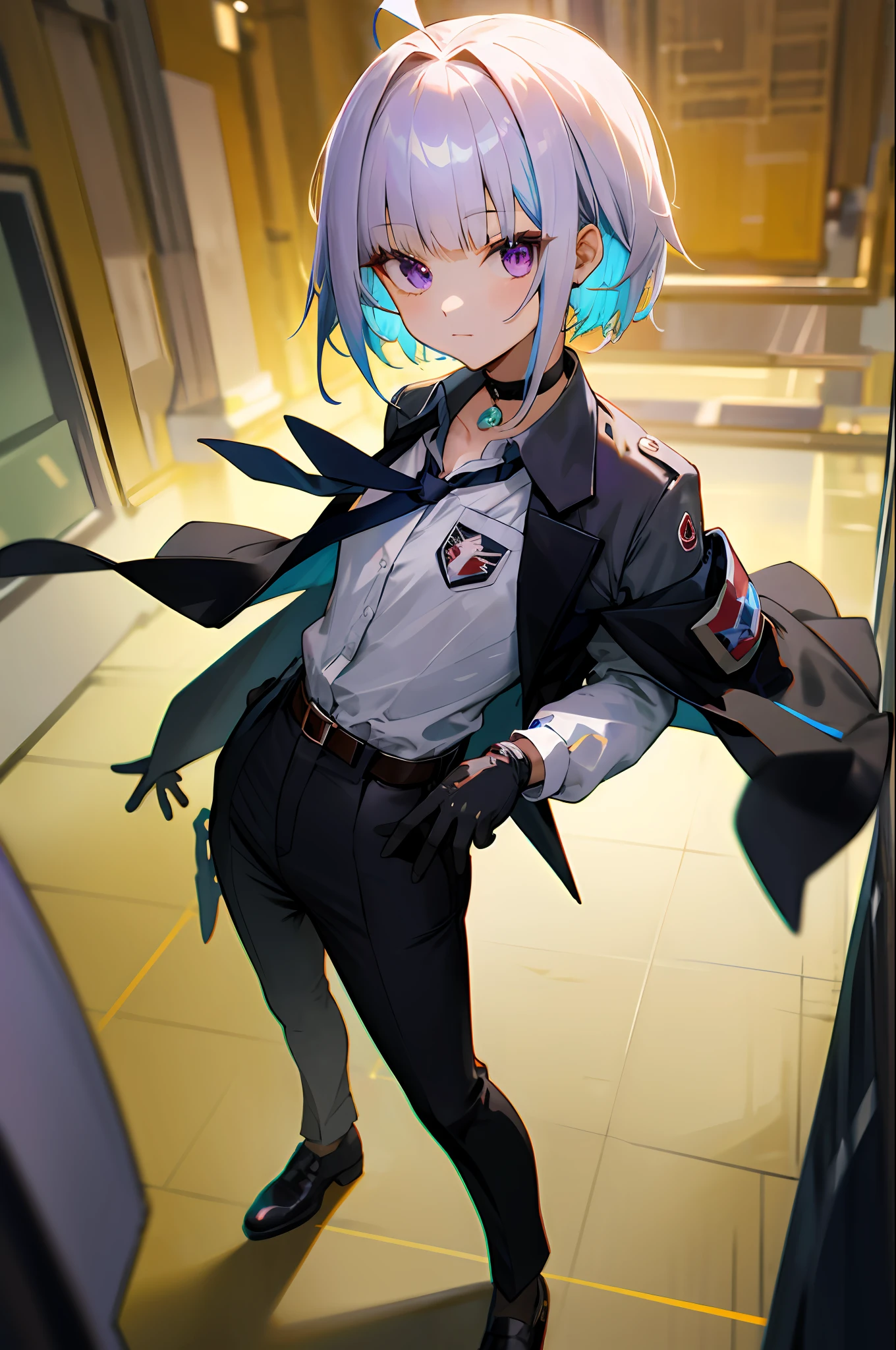 best quality, ultra-detailed, dolla, 1girl, solo, short_hair, undercut hair, breasts, bangs, shirt, gloves, long_sleeves, closed_mouth, jacket, full_body, white_shirt, ahoge, open_clothes, necktie, choker, black_gloves, belt, collared_shirt, pants, , black_footwear, open_jacket, black_jacket, , formal, black_pants, suit,, purple_necktie, earpiece, room, indoors,   (looking at viewer:1.3),,