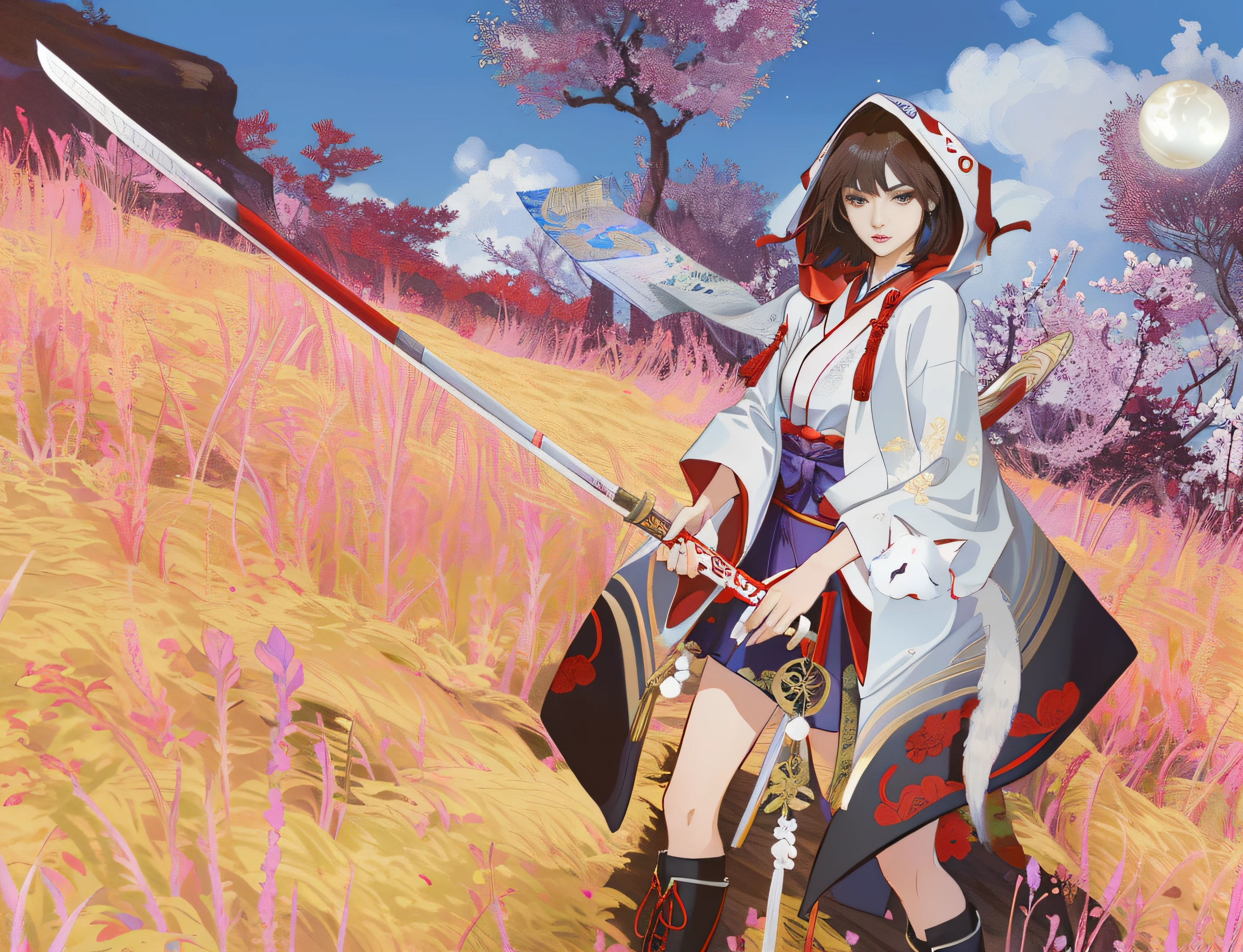 ((masterpiece, best quality)), brunette short-haired Japanese woman in white red and purple kitsune style robes with hood, Black boots with red laces, red and white kitana, white floating spirit orb nearby, on eastern style alien planet, comic book art style, intricate details