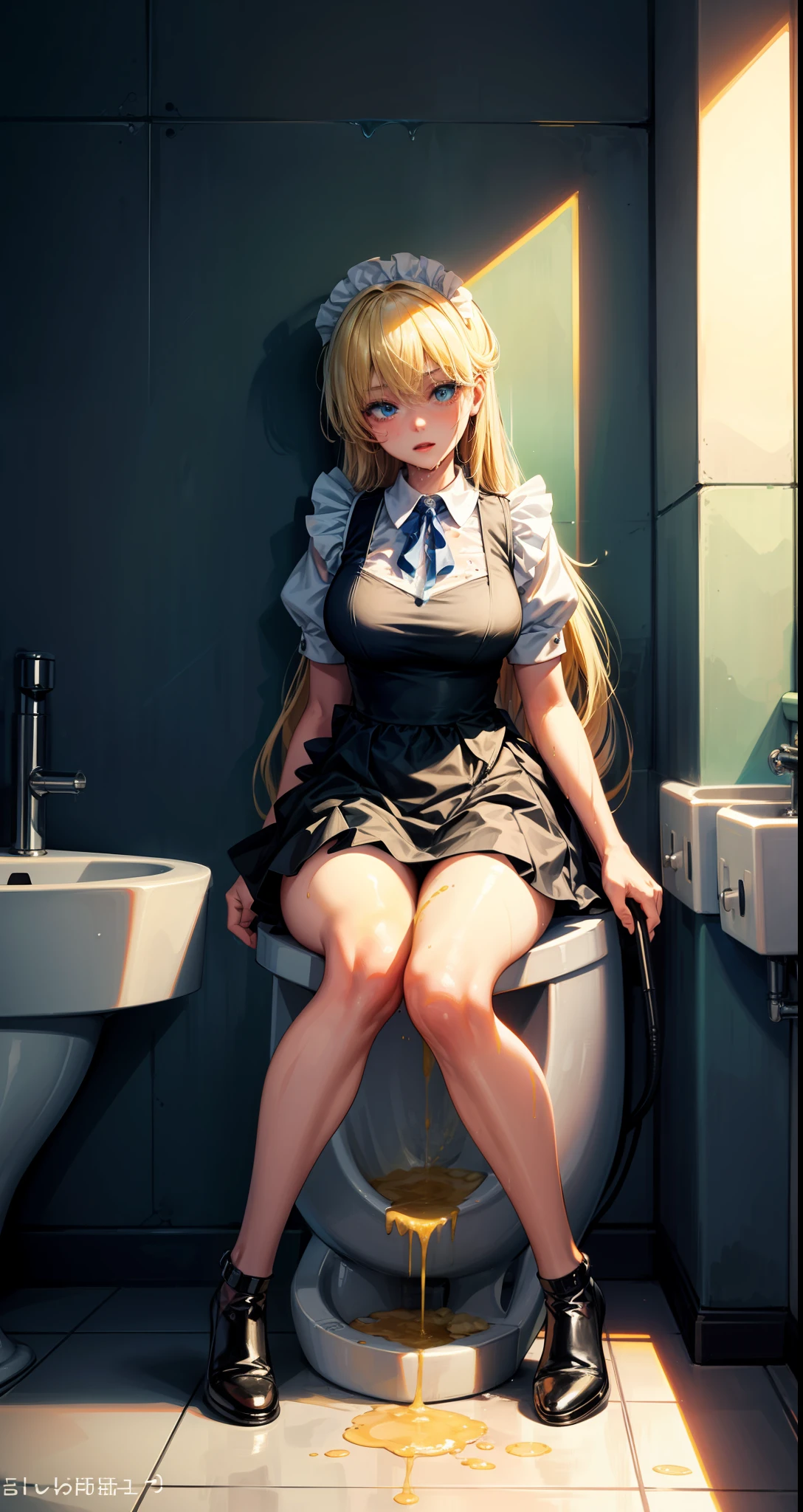 Pee all over the body、Urine、the whole body is wet、1girl in, Toilet room, Sweep the urinal, kneeking, sponge, raunchy, pee, rubbish,, ​masterpiece, top-quality, ighly detailed、maid clothes、a blond、White liquid all over the body、Yogurt all over the body、blue eyess