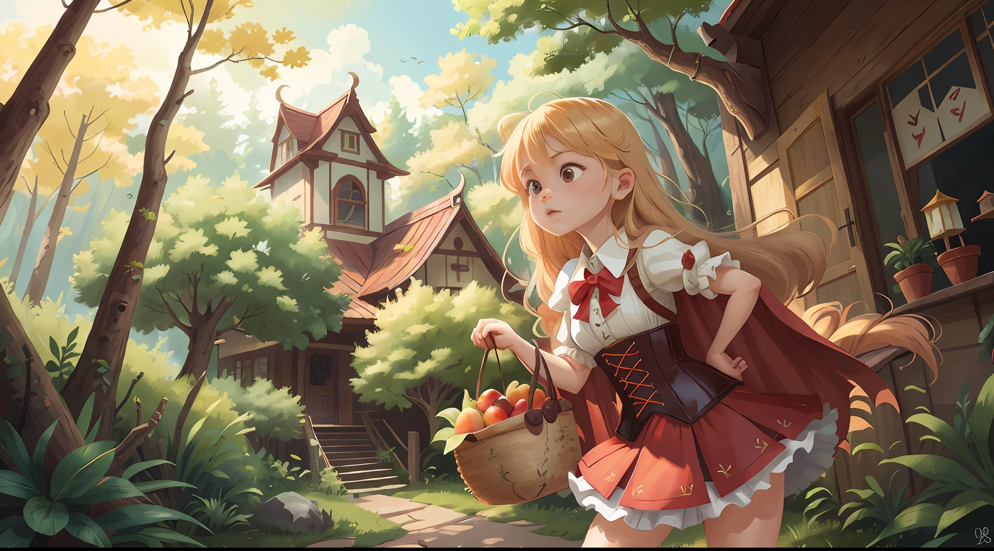 (RedHoodWaifu:1), 1girl,Fruit basket in hand, cute, (disheed hair, blond hairbl, long whitr hair), (red hood, cape, corset, dress), cute pose, (realistic:1.2), (realism), (masterpiece:1.2), （best qualtiy），（ultra - detailed），（8k，4k，复杂），（Full body photo：1），（Cowboy photos：1.2），（85mm），light particules，illuminating，（The is very detailed：1.2 ),(detail in face:1.2),(Gradient),sfw,colorful,(eye detailed:1.2),(Landscape details,ln the forest,vegetation,House details:1.2),(background detail),Scenic details,(dynamic angle:1.2 ), (dynamic pose:1.2), (third_composition:1.3), (line of action:1.2), wide shot, daylight, solo