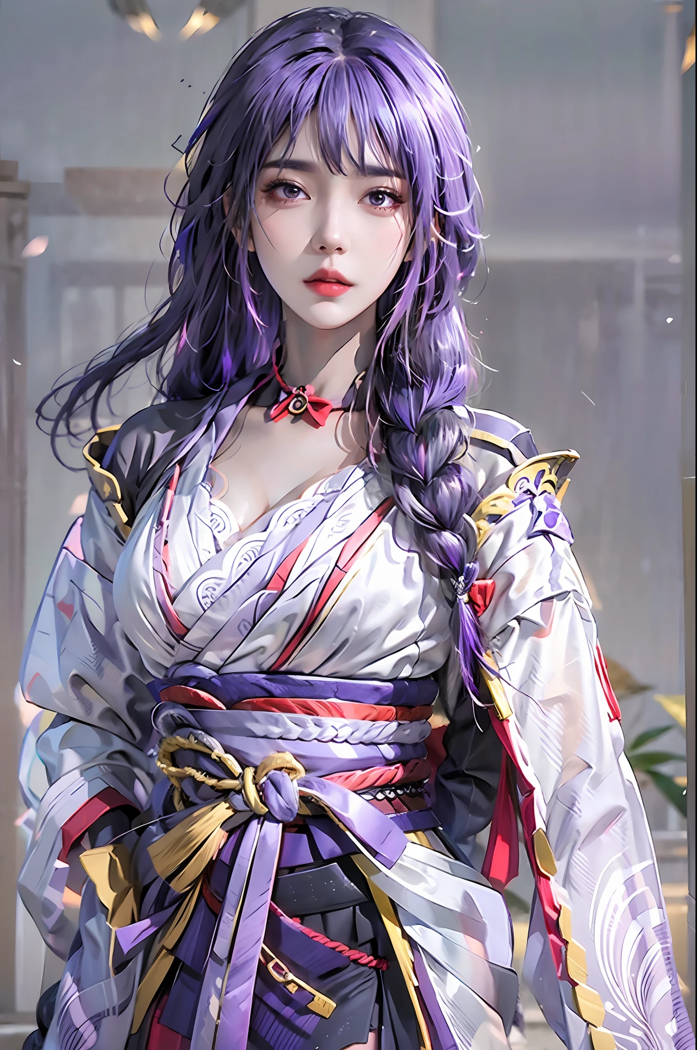 fotorrealista, alta resolução, 1 garota, quadris para cima, cabelo roxo, franja romba, trança, mangas largas, hair ornament, olhos lindos, mama normal, fantasia de shogun raiden