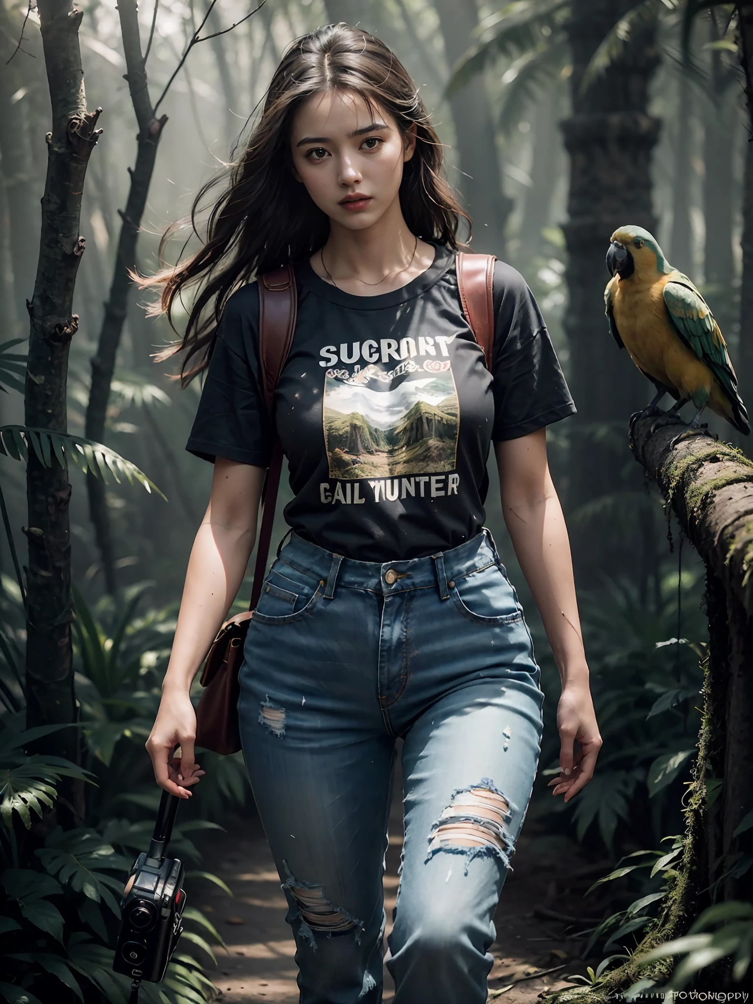 extremely beautiful girl, subtle makeup, photorealistic, high contrast, 8k HD, detailed, hyper-detailed, realistic skin texture, long dark hair, big chest best quality, ultra high res, raw photo, dramatic lighting, outdoor, forest, standing, a beautiful cinematic masterpiece portrait of Tirkish black hair's young women as lara croft from tomb raider, covered in dirt, treasure hunter, ((normal basic teeshirt, full length black tee-shirt, tight jeans)), with a complex jungle background with ancient jungle ruins, by gil elvgren, by frank frazetta, by greg rutkowski, trending on artstation, featured on pixiv, hyper detailed, beautiful studio lights, intricate elegant digital painting, cinematic composition, dramatic pose, smooth, sharp focus, (((professional photography))),dappled light, romantic, HDR, highly detailed, hasselblad, 8k, hyper realistic, eye level shot, f1.4 aperture, 8mm film grain, cinestill 800, full body Teeshirt, adventures girl carrying DSLR camera in hand, with small bagpack, some parrots on tree's