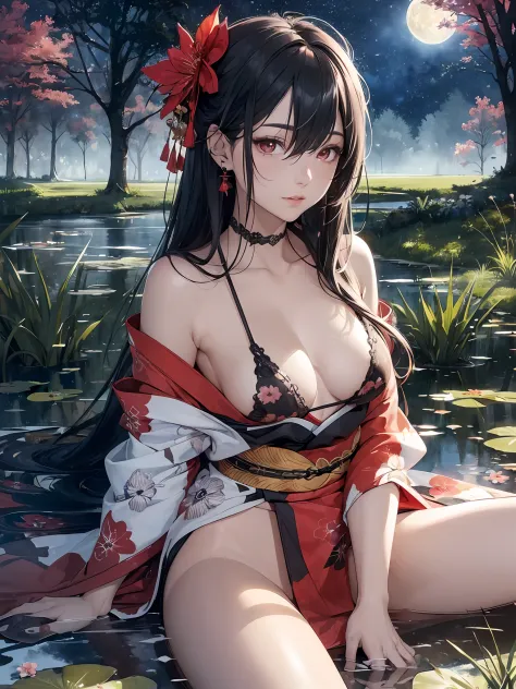 extremely detailed body,girl,woman,female,mature,30 years old,long hair,bangs,streaked hair,black hair,shiny hair,beautiful detailed cold face,cold smile,bright pupils,bare_shoulders,medium_breasts,(red eyes),hair_flower, kimono,((red kimono)),((((no under...