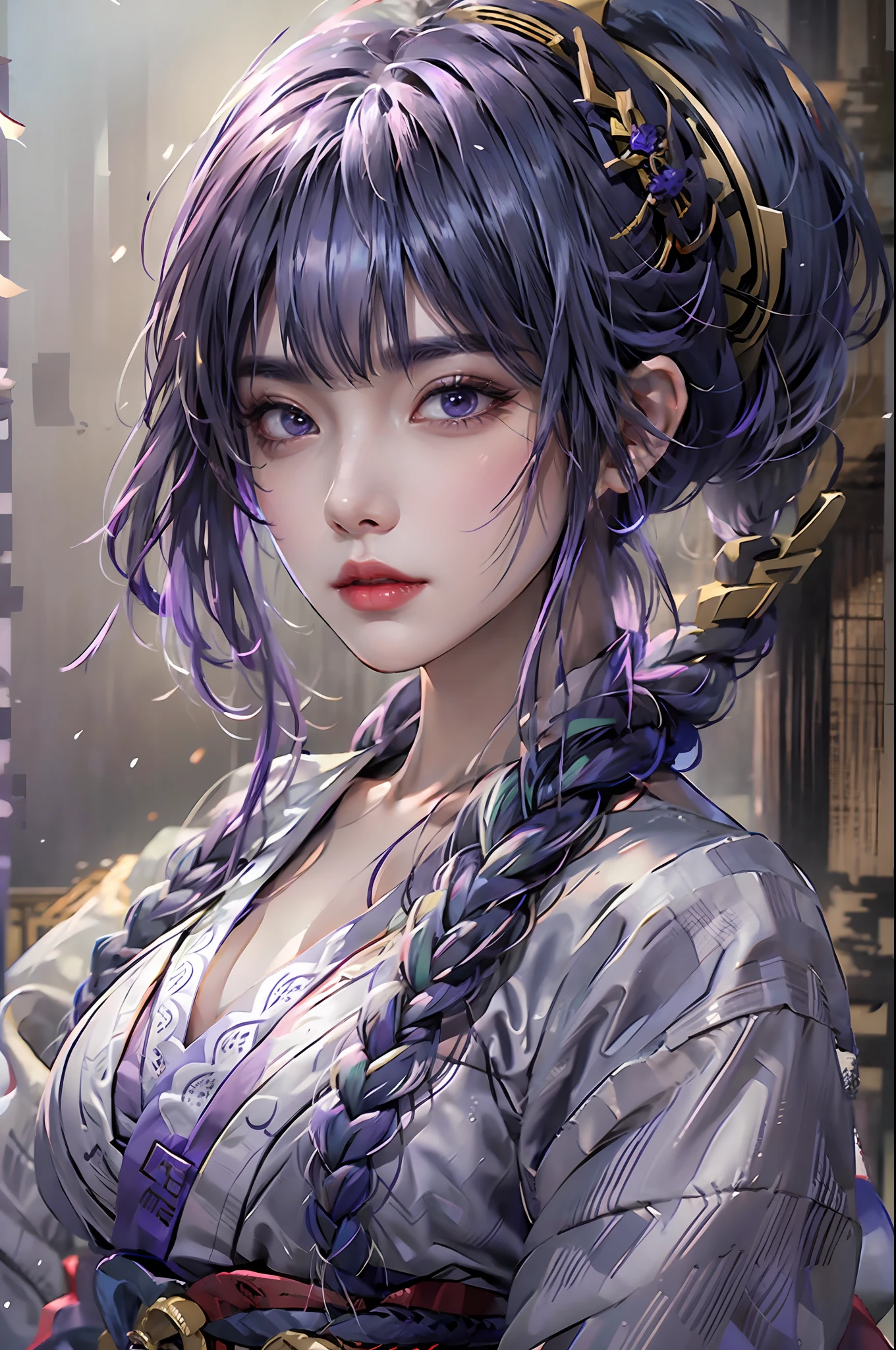 photoréaliste, Haute résolution, 1 fille, hanches levées, cheveux violets, frange émoussée, 1 tresse, manches larges, ornement de cheveux, Beaux yeux, sein normal, costume de shogun raiden