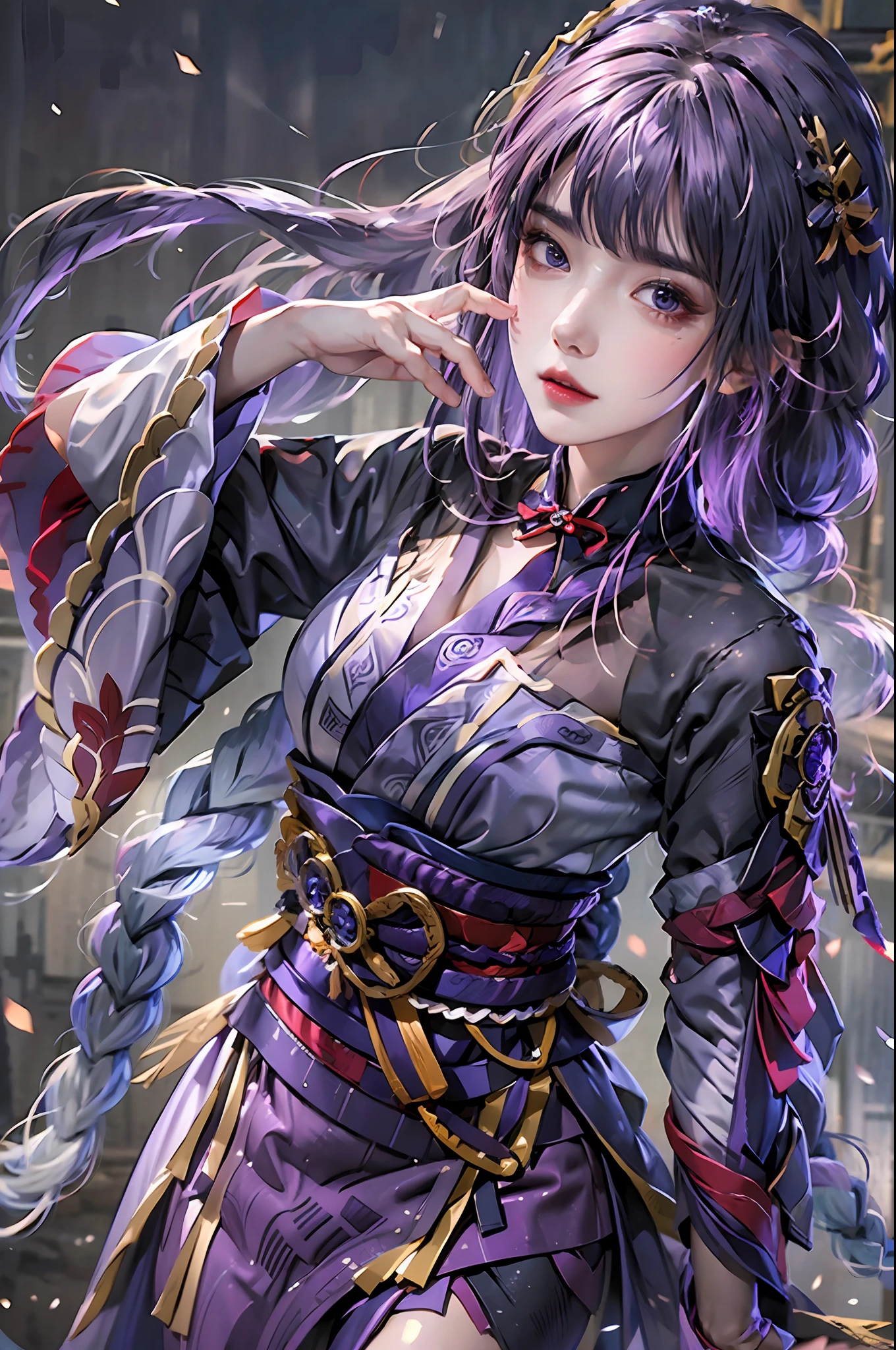 photoréaliste, Haute résolution, 1 fille, hanches levées, cheveux violets, frange émoussée, 1 tresse, manches larges, ornement de cheveux, Beaux yeux, sein normal, costume de shogun raiden