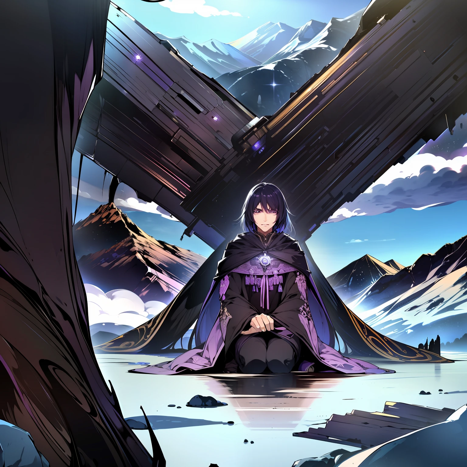 4K，Complicated details，HighestQuali，A man in a robe sits alone on a cloud in the sky，looking at the distance，The tone suppresses sadness，deep colour，black in color，Deep black，purpleish color，Mountains and mountains。magia，The feeling of loneliness，repression，Tattered tunic