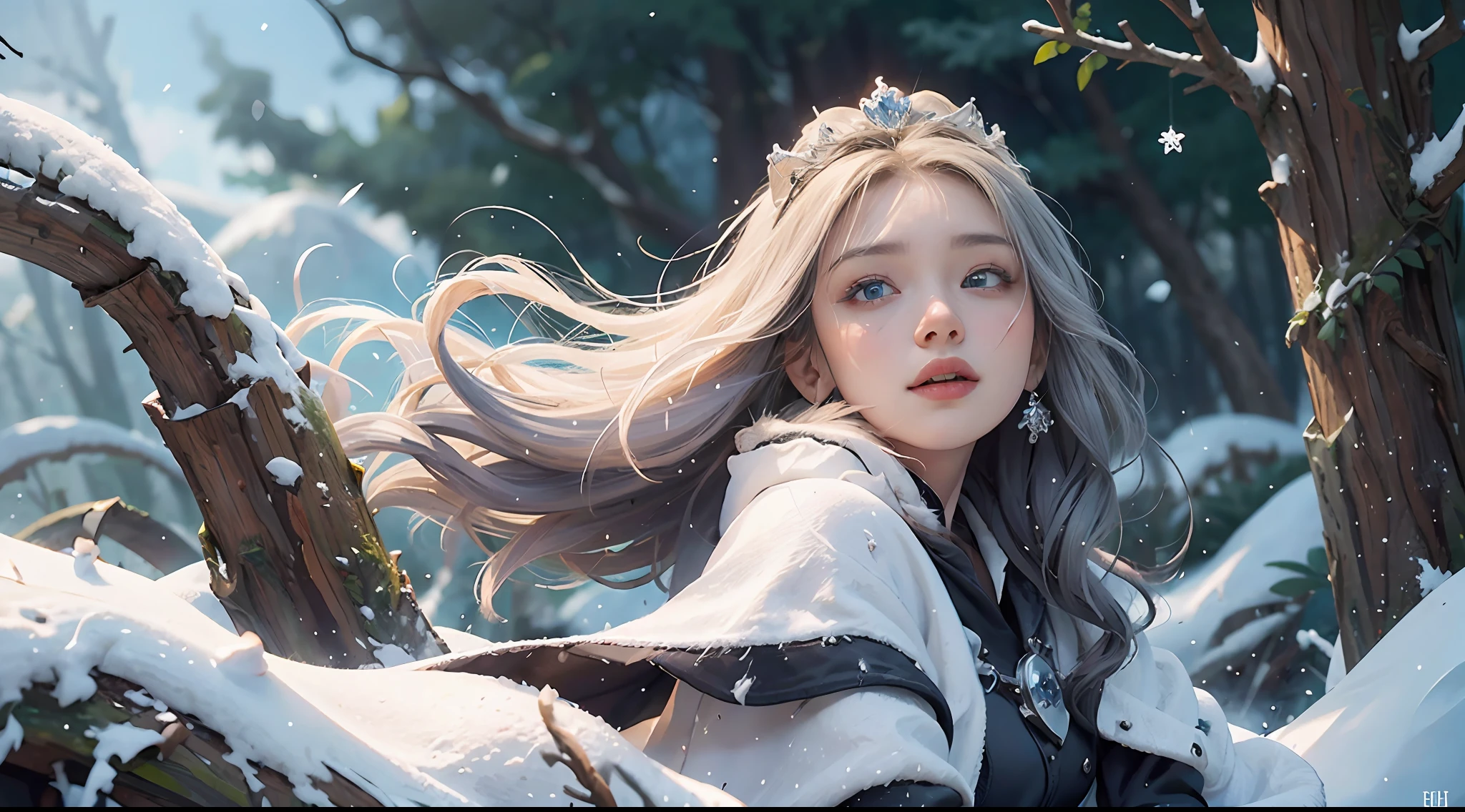 wlop, aeolian, jewelry, woman, queen, white robe, white eyelashes, dyed snow face, cold, frost, color, side light, pointed crown, super detail, depth of field, magic array, white hair, blue eyes, lips, snow, snow magic, white magic, sapphire, ice cap, ice crystal fragments, ice, large area white, incredible, super detail, extremely detail, (high contrast: 1.11), wind, amazing, beautiful detail eyes, messy hair, ( best lighting, extremely delicate and beautiful), ((cinema light)), (from the side: 1.3), 8K, masterpiece, best quality, movie stills, 1girl, floating in the sky, cloud girl, clouds, (close-up: 1.1), bright, happy, fun, soft lighting, (Bauhaus, shapes, lines, abstract: 1.1) official art, Unity 8k wallpaper, super detailed, beautiful and beautiful, masterpiece, best quality, (dynamic angle: 1.4), romantic depth of field exotic_ dance, Perfect NwsjMajic, (Masterpiece, Top Quality, Best Quality, Official Art, Beauty and Aesthetics: 1.2), Extreme Detail, Colorful, Supreme Detail, Snowy landscape, Snowflakes, ice-blue castle, lich, dark robes, glowing eyes, snowdrifts, trees, dramatic and eerie atmosphere