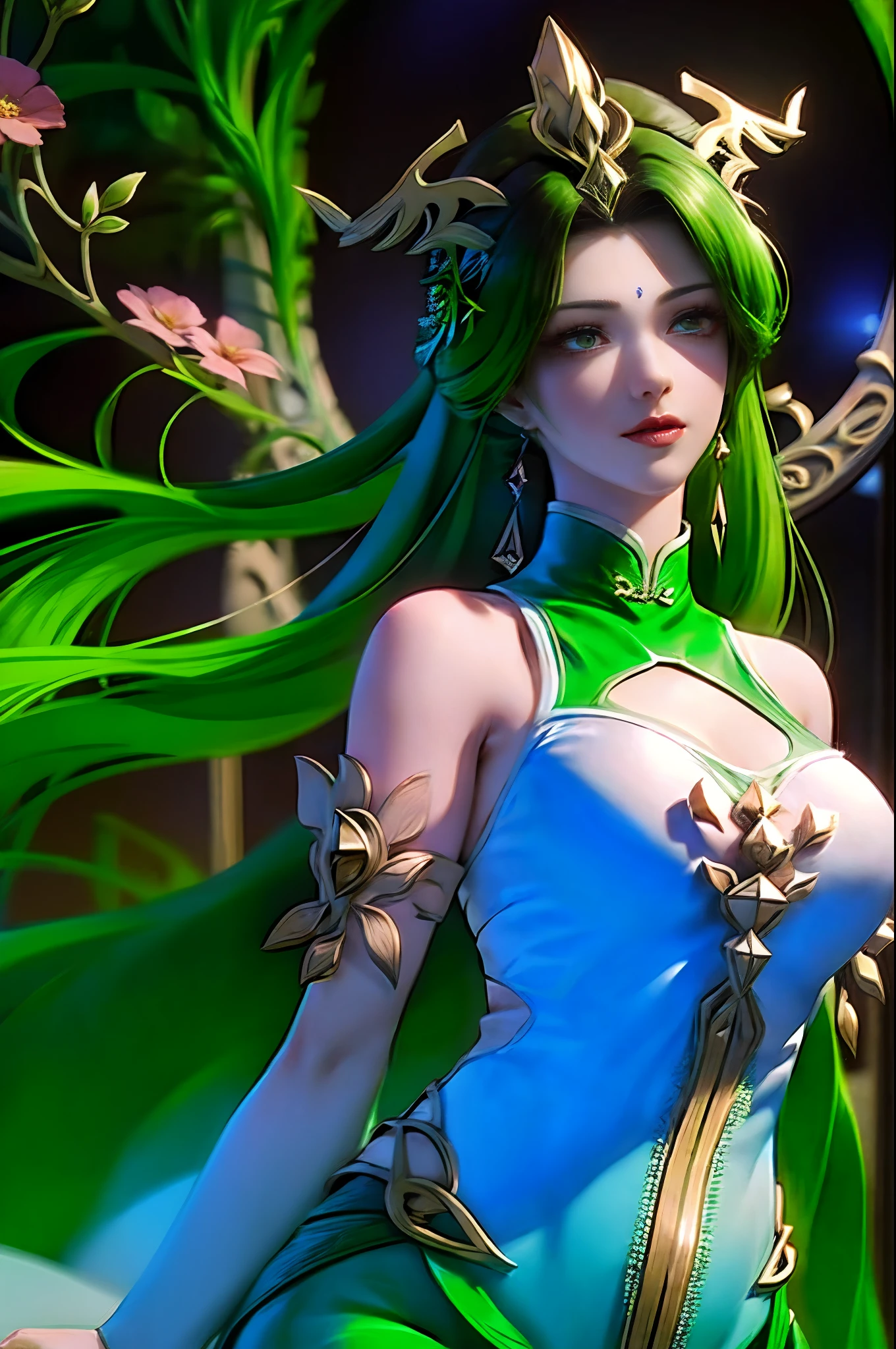 （Liu Shen），1girll，（tmasterpiece），（best qualtiy），（Hyper-detailing），（A high resolution），hoang lap，Ultra-realistic 4k CG，delicate patterns，Complicated details，best illuminate，Best shadow，Natural lighting，depth of fields，bblurry，1girll，solo，mediating_Breasts，choker necklace，耳Nipple Ring，jewely，（（brunette color hair：1.2））， solo， 耳Nipple Ring， long whitr hair， choker necklace，ssmile， hair adornments， shiny skins，（cowboy lens）， （White chinese dress，green line，Floating hair）， peach blossom，blossom flower，The tree，exteriors，Full body photo，Slender legs，Naked jade feet