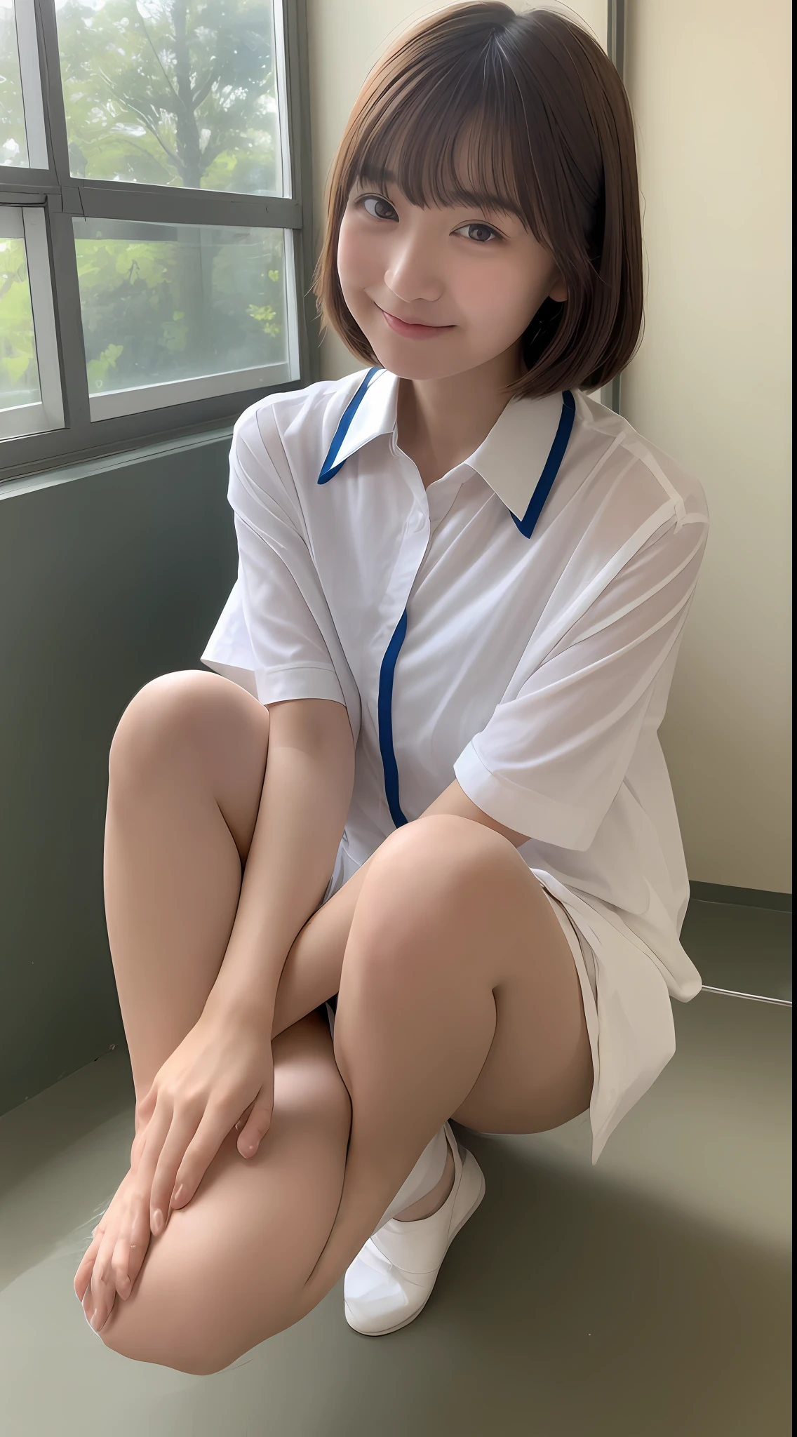 A close up of a woman kneeling on a floor with a white shirt and blue trim  - SeaArt AI