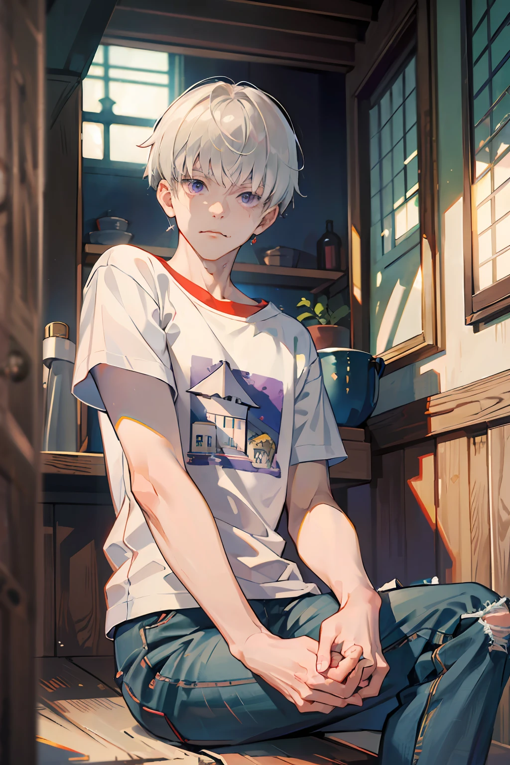 (absurdres, highres, ultra detailed, HDR), masterpiece, best quality, inumaki toge, 1man, solo, handsome, short hair, white hair, facial mark, closed mouth, small hands, loosen t-shirt, jeans, sitting, japanese style, house, from side, look at viewer