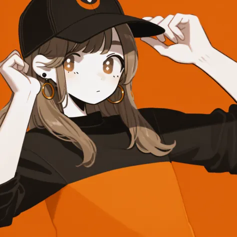 Masterpiece, Best quality, 1girll,Brown eyes, baseball cap, Black color hair, Closed mouth, Orange background, Hat, hoop earings...