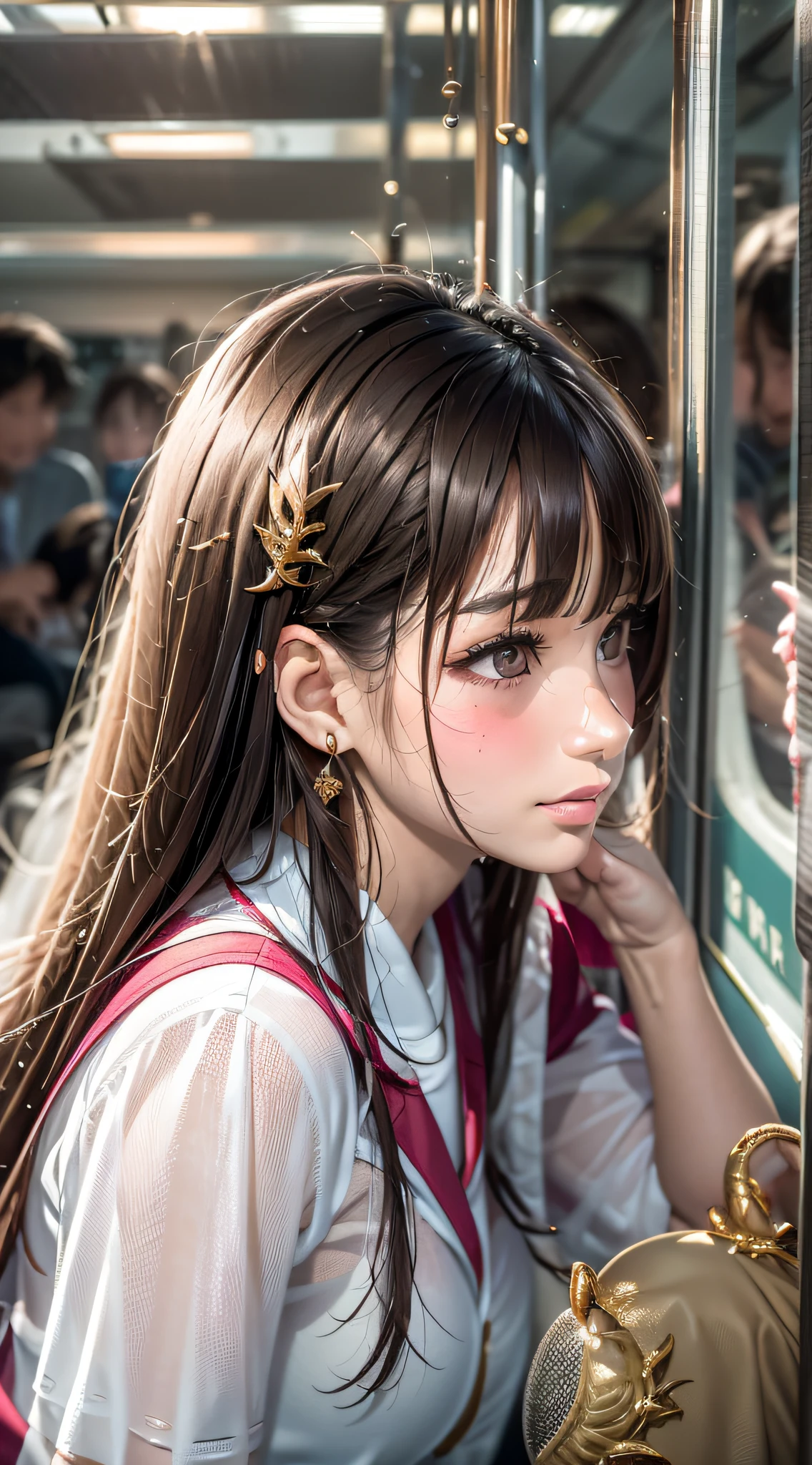 16k, RAW photo, Top quality, Masterpiece: 1.2, Realistic, Photorealistic:（tmasterpiece，k hd，hyper HD，4K）brunette color hair，14 years old Japanese girl，Uniform skirts，Emphasize the lips，Toucan，Soft lips，Glossy lips，Crouch on a crocodile skin train，((Masterpiece)),((Best quality)),absurderes,1girll, 1boy, Squat, angle of view, school uniform,(On the train:1.1), Sunlight,  (Semi-closed Eyes:0.4), (parted lip:1.4), (nose blush:1.2), Light smile,