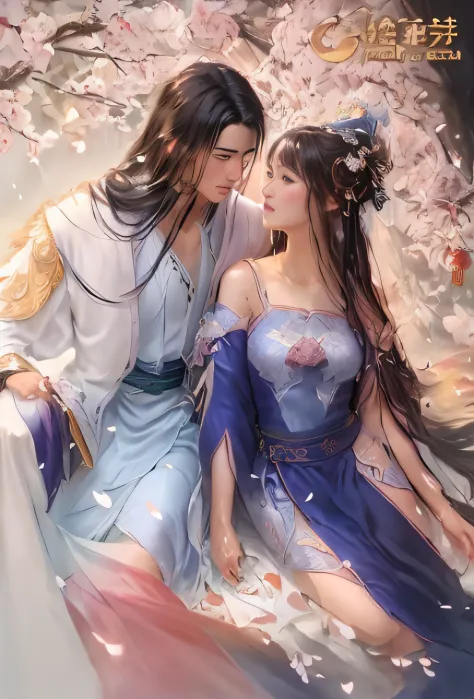 Princess hug， Chinese style, Ancient style, Handsome guys, beautiful man, Meticulous brushstrokes, Look at women's masterpieces with affection，Anime couple in traditional costumes，Long hair and blue dress, flowing hair and long robes, in the art style of b...