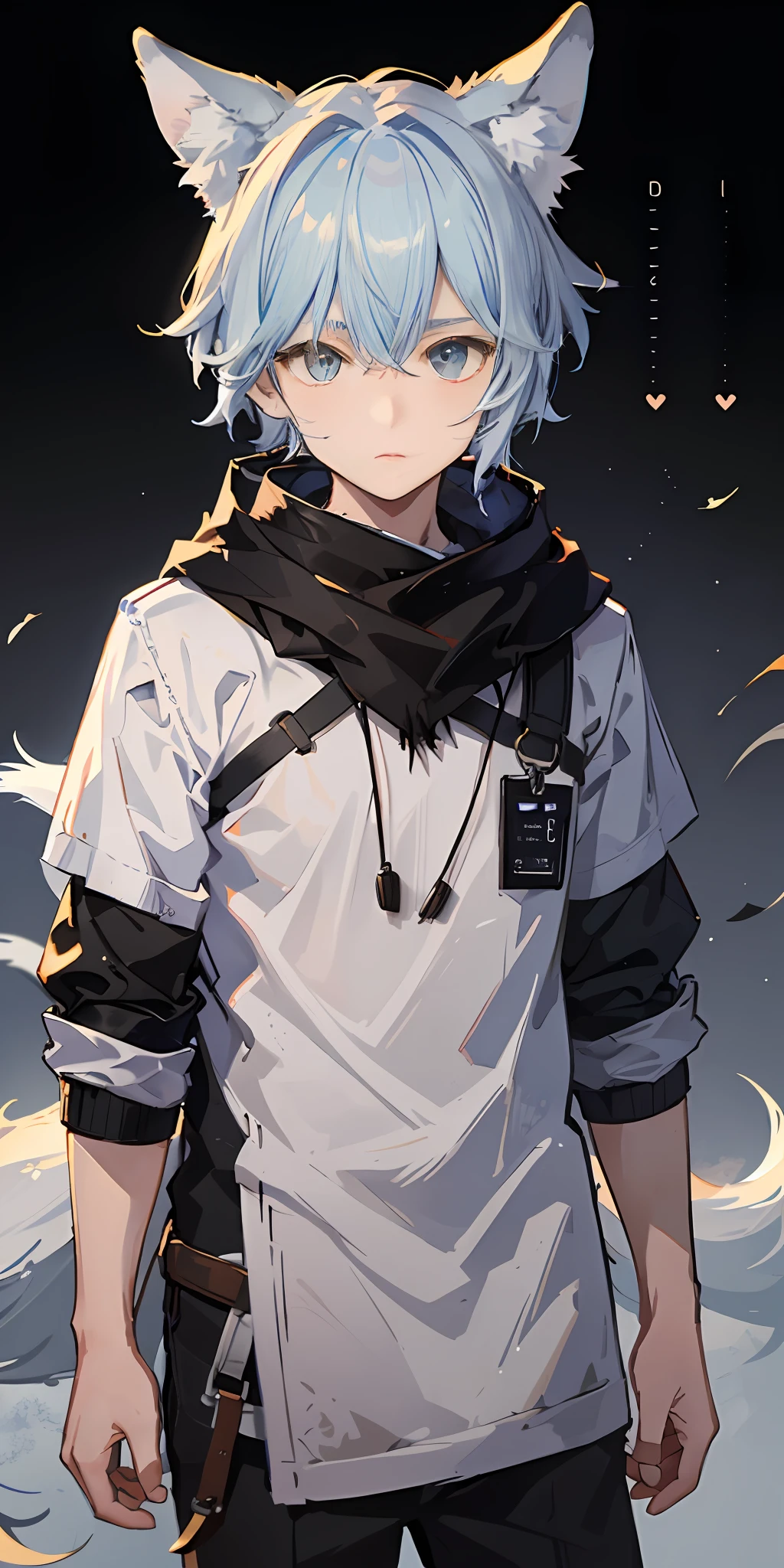 1boy，Shota，(high-definition quality，Masterpiece level)，Fresh and cold boy character，Wolf ears、Wolf Tail highlights the sense of belonging to the character，Heterochromatic eyes and the color of light blue hair echo each other，with clean lines，Show the modesty and confidence of the character，tmasterpiece, lightblue hair, Heterochromic eyes,(Wolf ears),(Wolf tail)，One tail，A young boy with，Lean body type，Dull hair，Brown pick dye，with fair skin，Functional wind