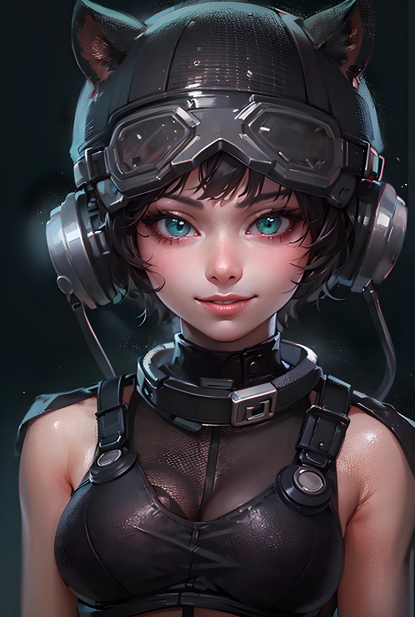 1girl, portrait of beautiful ctwmn, smile, black bodysuit, green eyes, short hair, choker, athletic, cleavage, black headwear, fake animal ears, goggles on head, volumetric lighting, best quality, masterpiece, intricate details, tonemapping, sharp focus, hyper detailed, trending on Artstation, realistic,