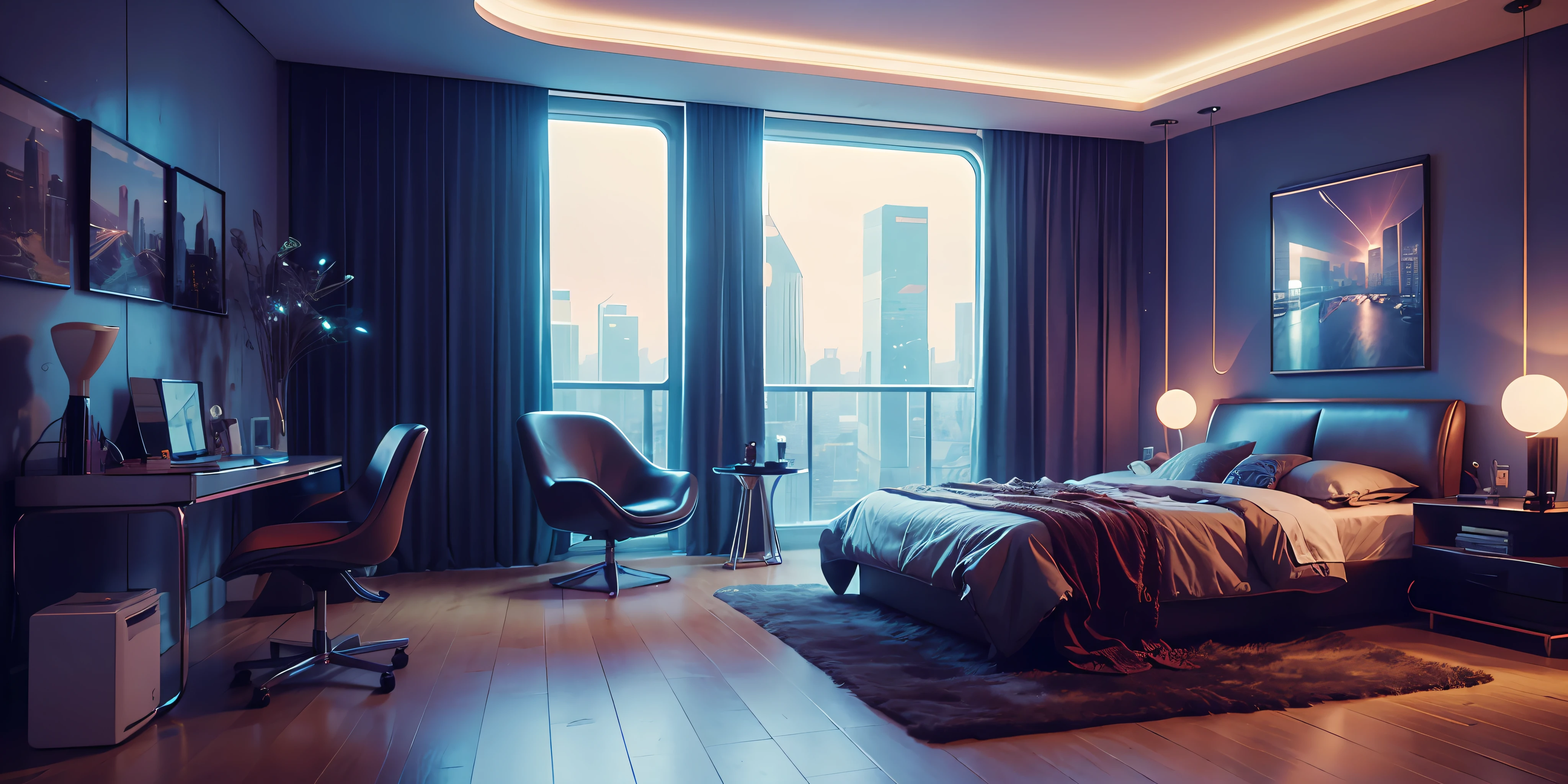 ((masterpiece)), (ultra-detailed), (intricate details), (high resolution CGI artwork 8k), Create an image of a retro futuristic cyberpunk bedroom. One of the walls should feature a big window with a busy, colorful, and detailed cyberpunk cityscape. Futuristic style with lots of colors and LED lights. The cityscape should be extremely detailed with depth of field. Utilize atmospheric lighting to create depth and evoke the feel of a busy futuristic city outside the window. Pay close attention to face details like intricate, hires eyes and bedroom accents. Camera: wide shot showing the room and the window. The window should be the focal point of the image. Lighting: use atmospheric and volumetric lighting to enhance the cityscape details. The room should be illuminated by the neon lights from the cityscape.