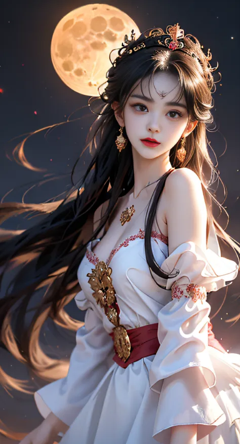 1 adult empress wearing a red lace top, deep-breasted nightgown, Chinese-style clothes, ancient costumes with many phoenix patterns, flawless pink and white face, crowned head, hip-length black hair , very beautiful and sharp brown eyes, small red lips, pa...