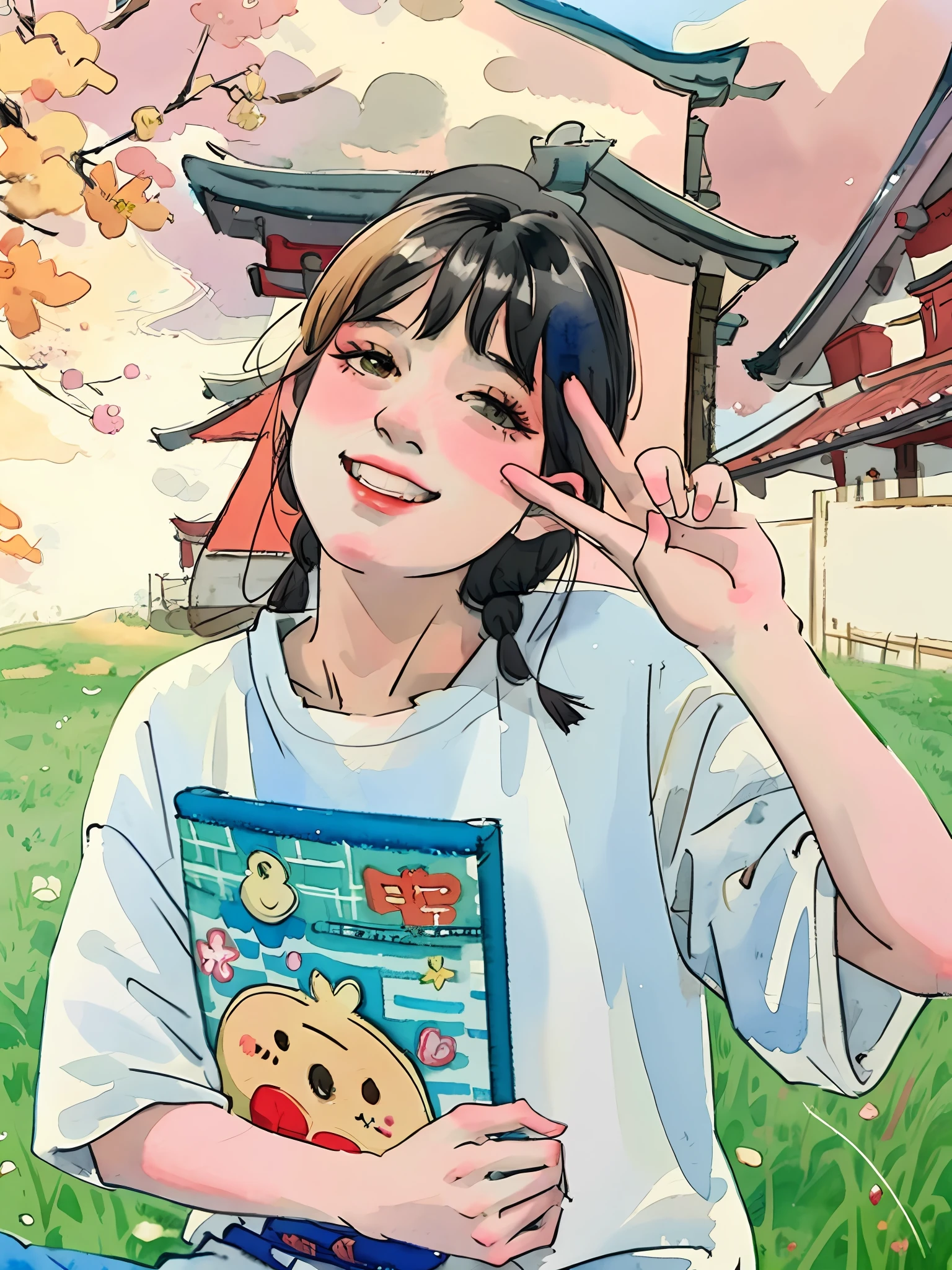 arafed girl sitting on the grass with a book and a peace sign,,(Masterpiece), (best detail), (Best quality),(((watercolor ))),watercolor background,(Tokyo)(Japanese kimono culture)，watercolor background,happy,small, Young and good-looking（vintage background）,chch-style，full and correct eyes，low color saturation，Sketch