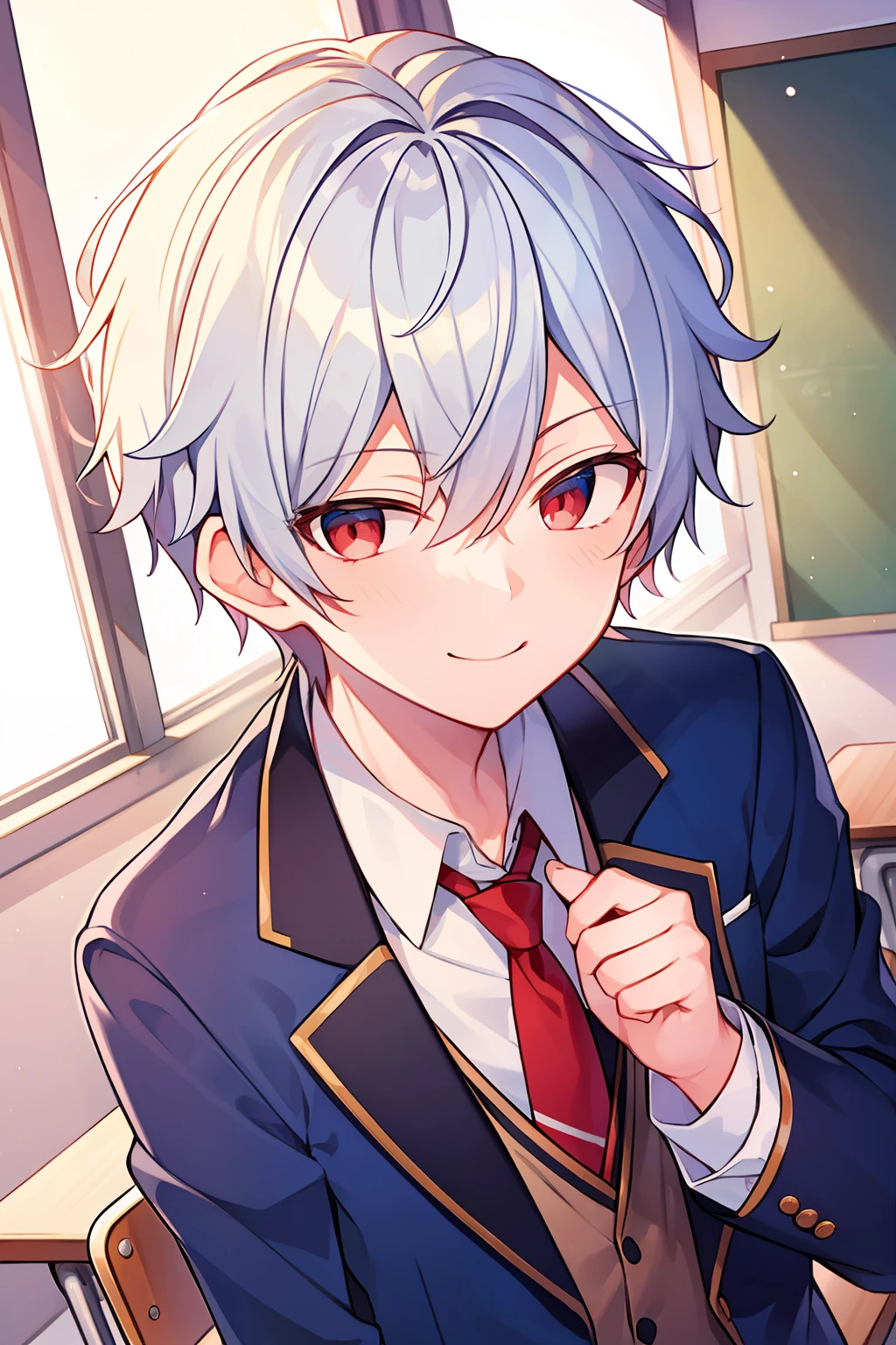 (high-quality, breathtaking),(expressive eyes, perfect face), 1boy, male, solo, short, young boy, short white hair, red eyes, smile, school uniform, red tie, blue blazer, in classroom