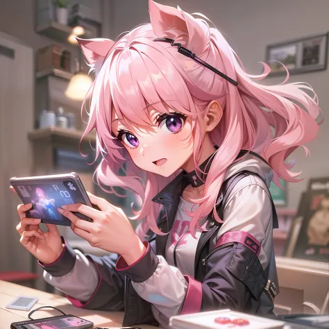 Girl with light pink hair color playing games