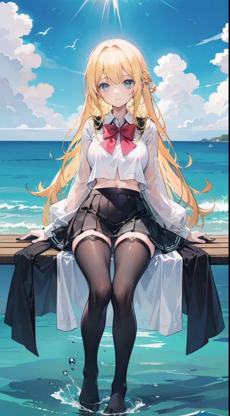 Masterpiece（（tmasterpiece）），（White color blouse），（（black micro skirt）），（Black transparent stockings），adolable，is shy，（Long yellow）Hair，red bowtie，long leges，（Have by the sea），（Facing the sea），Open navel，No shoes on