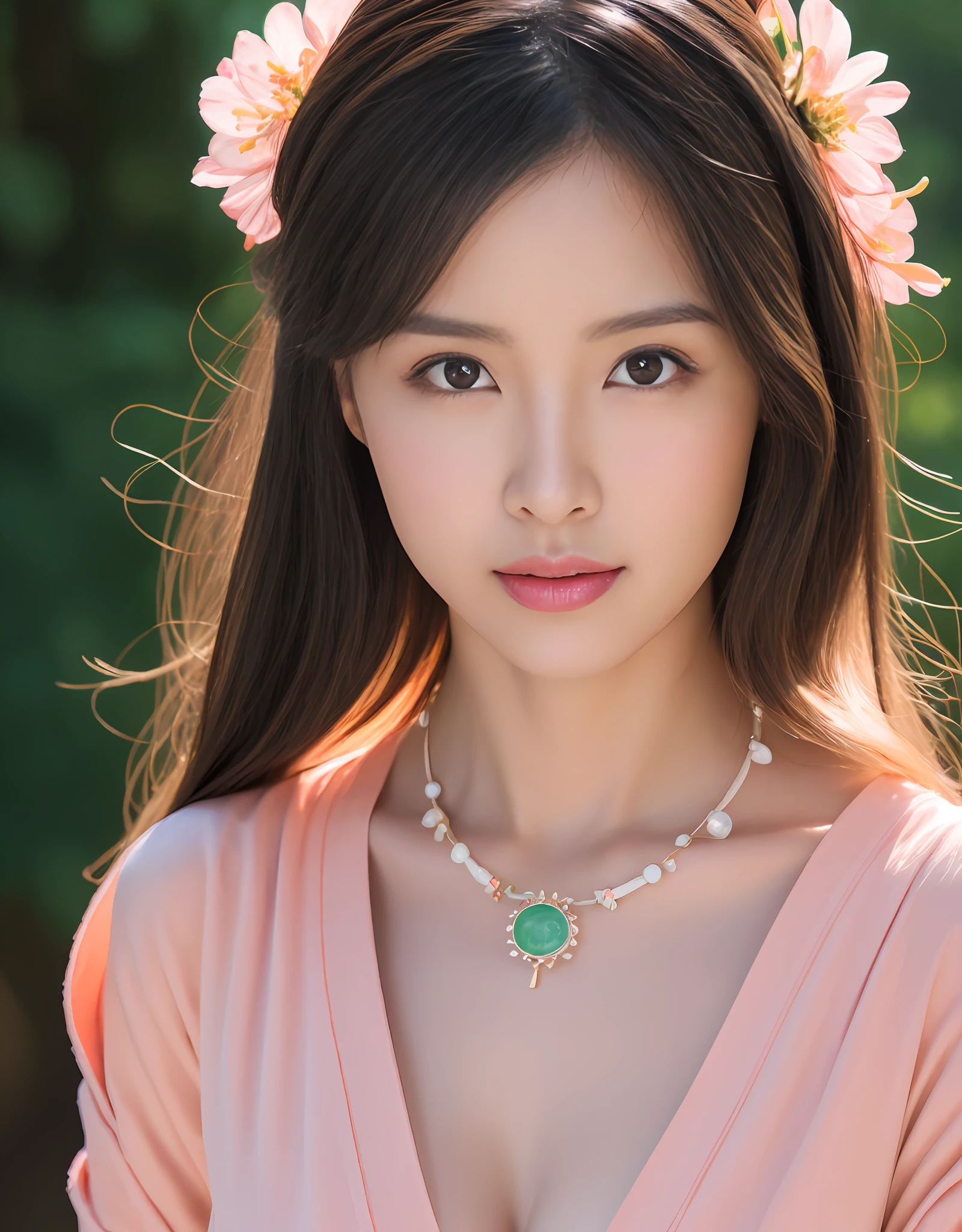 Portrait of a young Japanese woman with long black hair, almond eyes, Peach lipstick, Wear a flower kimono and a jade necklace. (8K, Best quality : 1.2), (Masterpiece, Photorealistic : 1.3), Super detail, Anatomically correct