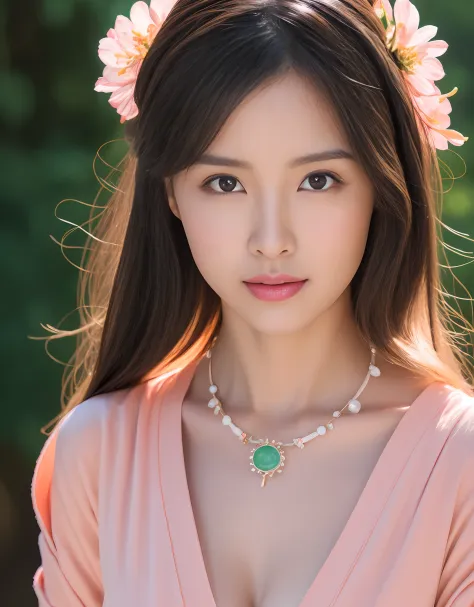 portrait of a young japanese woman with long black hair, almond eyes, peach lipstick, wear a flower kimono and a jade necklace. ...