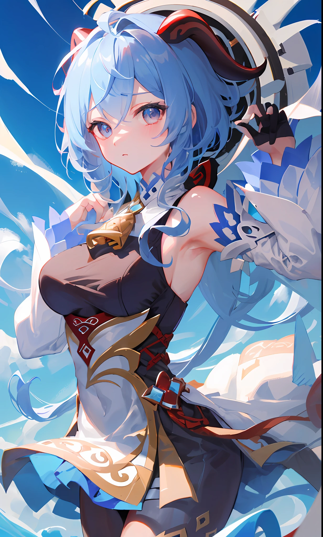 ((tmasterpiece，4k wallpaper，best qualtiy))ganyudef,  Be red in the face,  In the daytime, simple backgound, blue-sky, short detailed hair,  Moody light,light blue  hair，light particules，Blue Themes，Busty body，face expressionless，Brilliant，smooth thigh