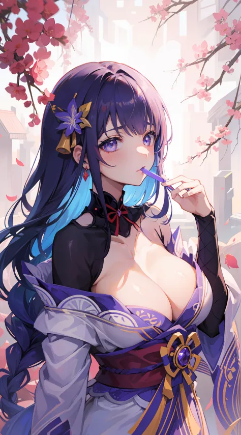 （（HighestQuali，tmasterpiece，8k wallpaper）），（（Pale skin，）），1girll，Solo Woman，（（Genshin_impact，Raiden general）），light particules，Purple thunderbolt，Bright background，the cherry trees，purple color-theme，Delicate facial features，Sexy beautiful anime girl，Raide...