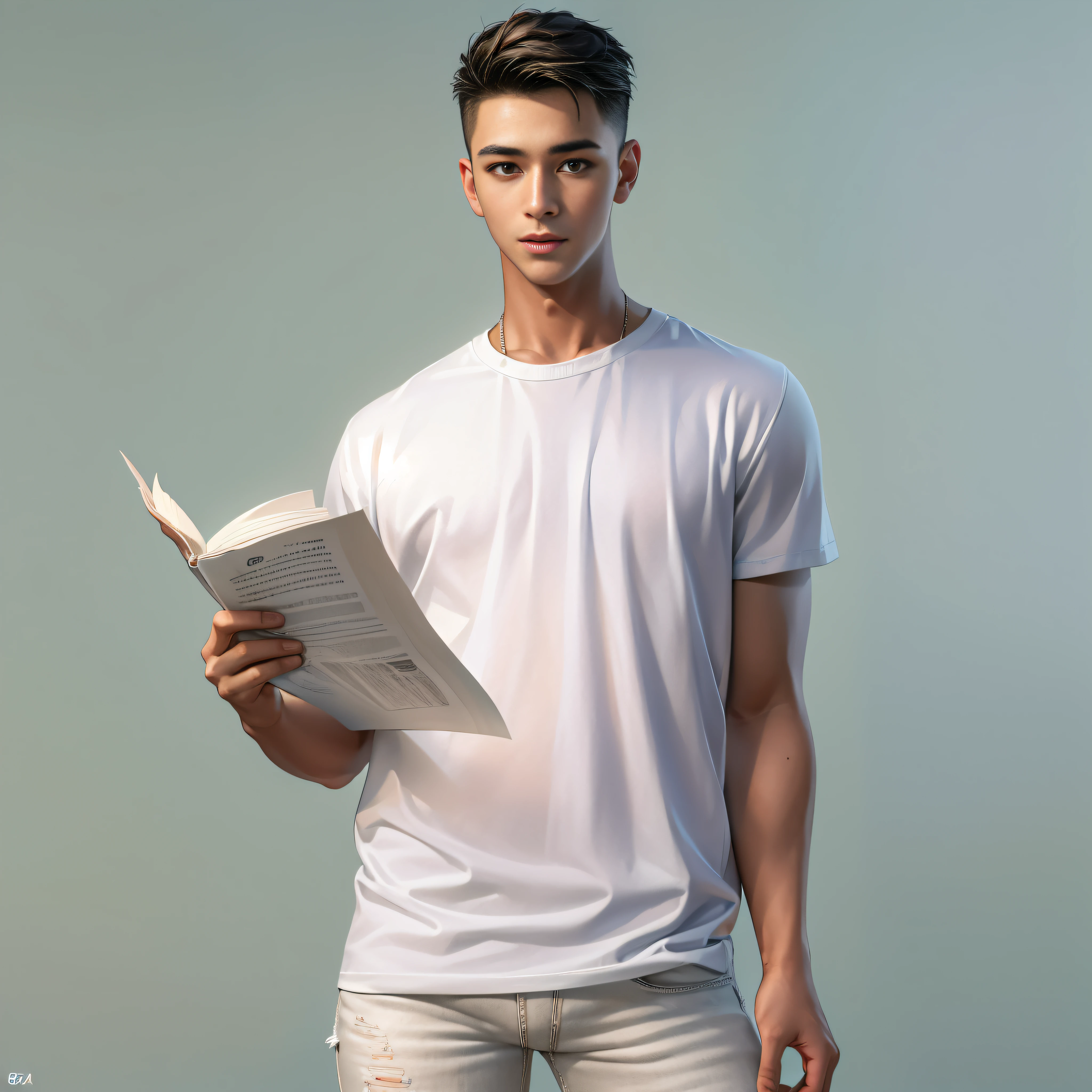 （8K，RAW photos，best qualtiy，tmasterpiece：1.2），（realisticlying，photograph realistic：1.37），（Long shots：3）， A male classmate is dressed（White T-shirt and jeans），Holding a piece of paper in his hand